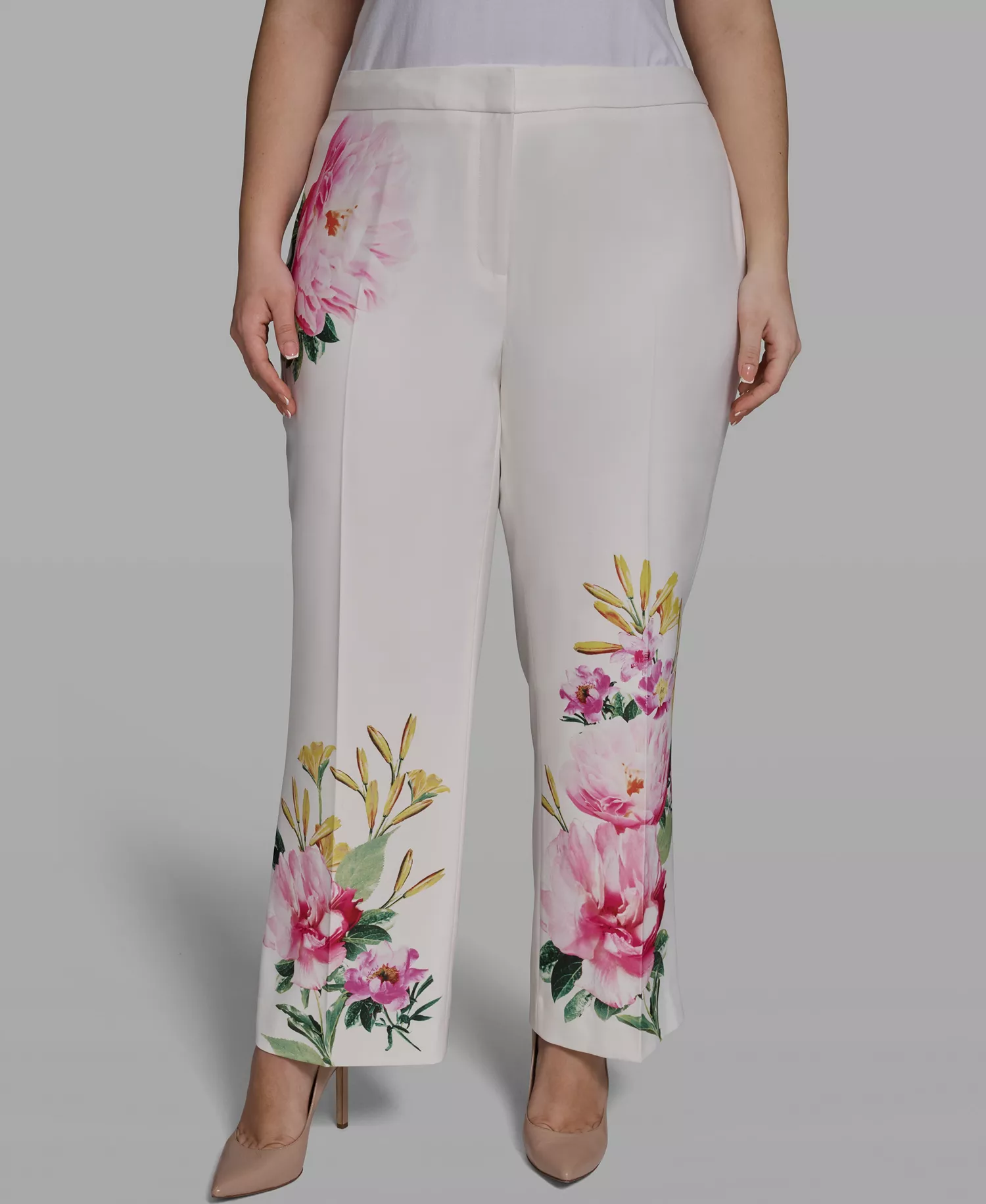Plus Size Placed Floral Wide-Leg Pants - Soft White - 14W