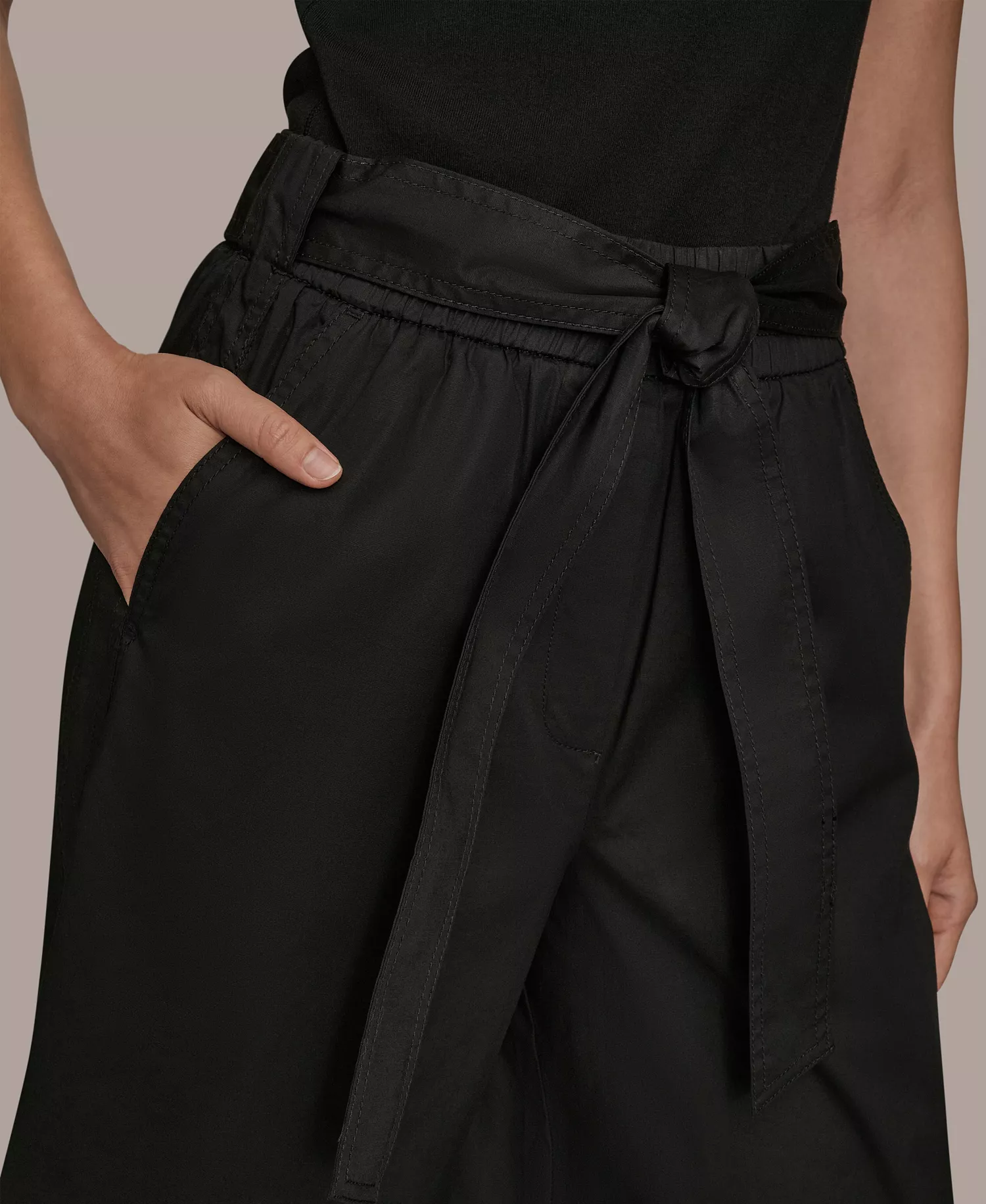 Women's Stretch Poplin Self Belted Crop Pants - Black - L