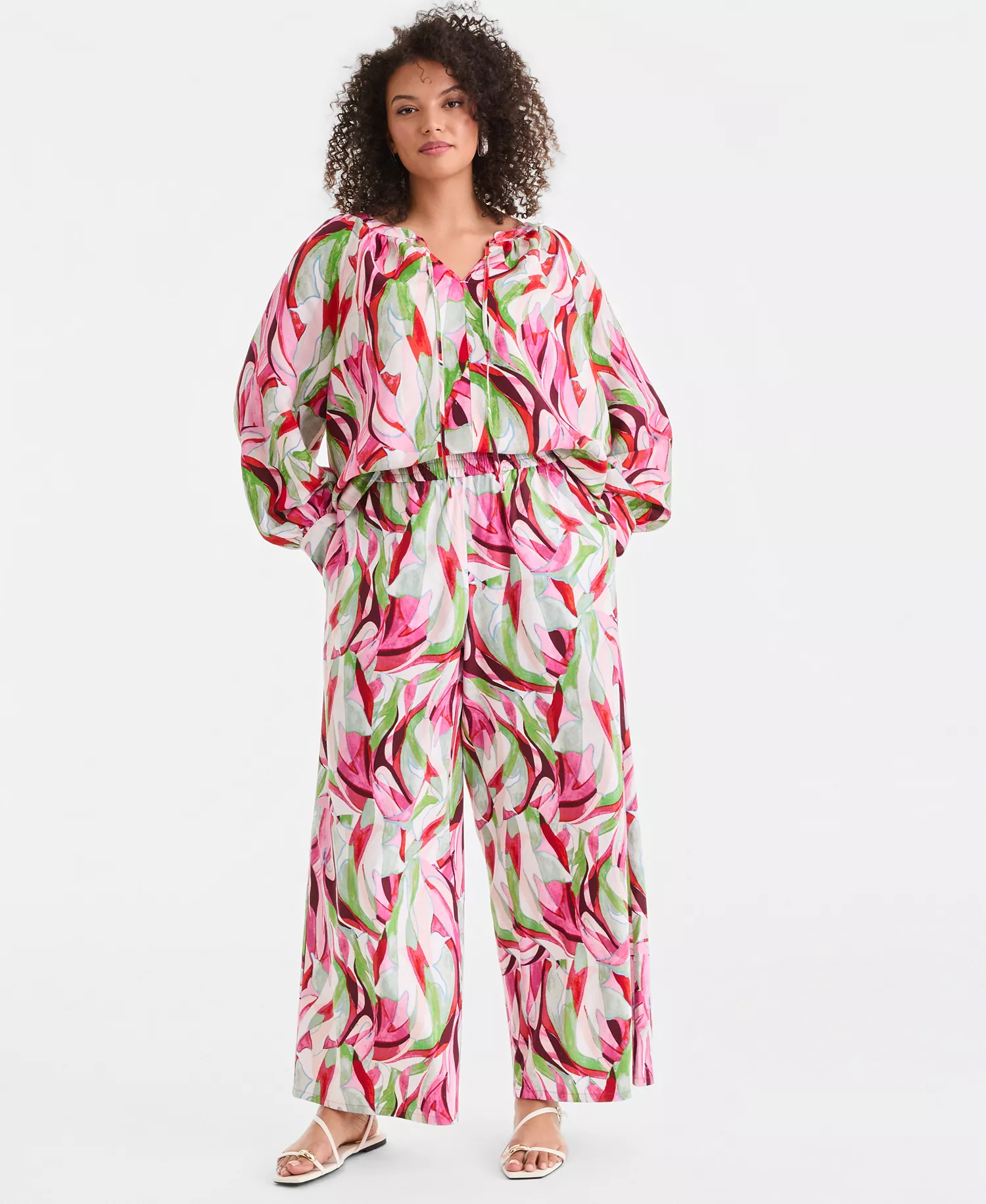 Plus Size Printed Bubble-Sleeve Top, Created for Macy's - Casey Abstract - 0X