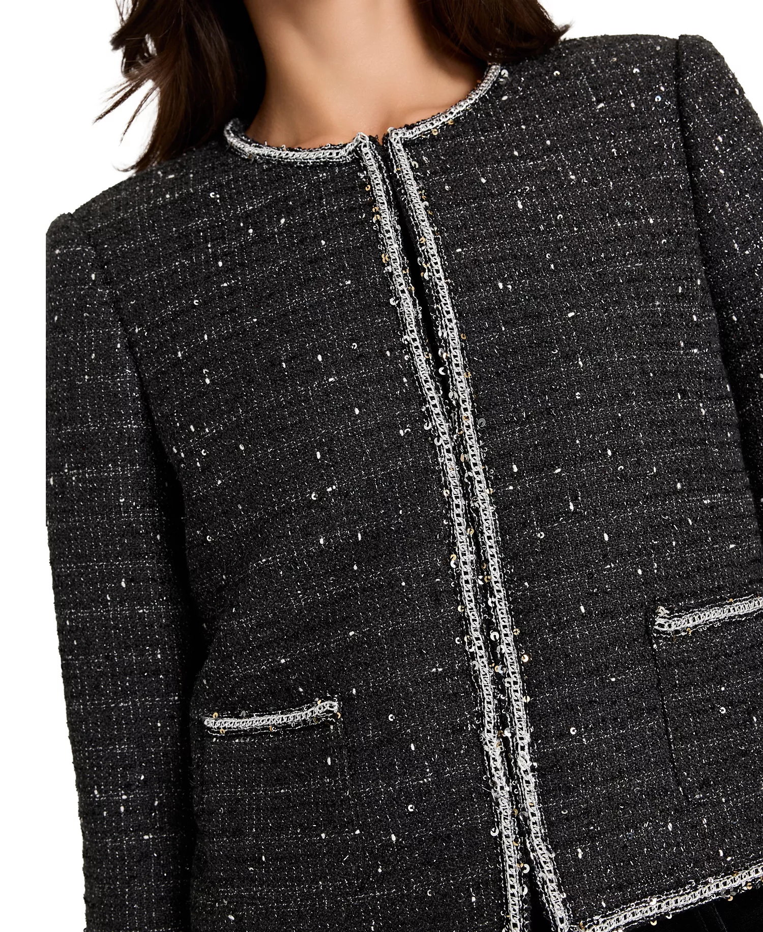 Women's Crewneck Hook & Eye Rhinestone Embellished Jacket - Black Silver - 10