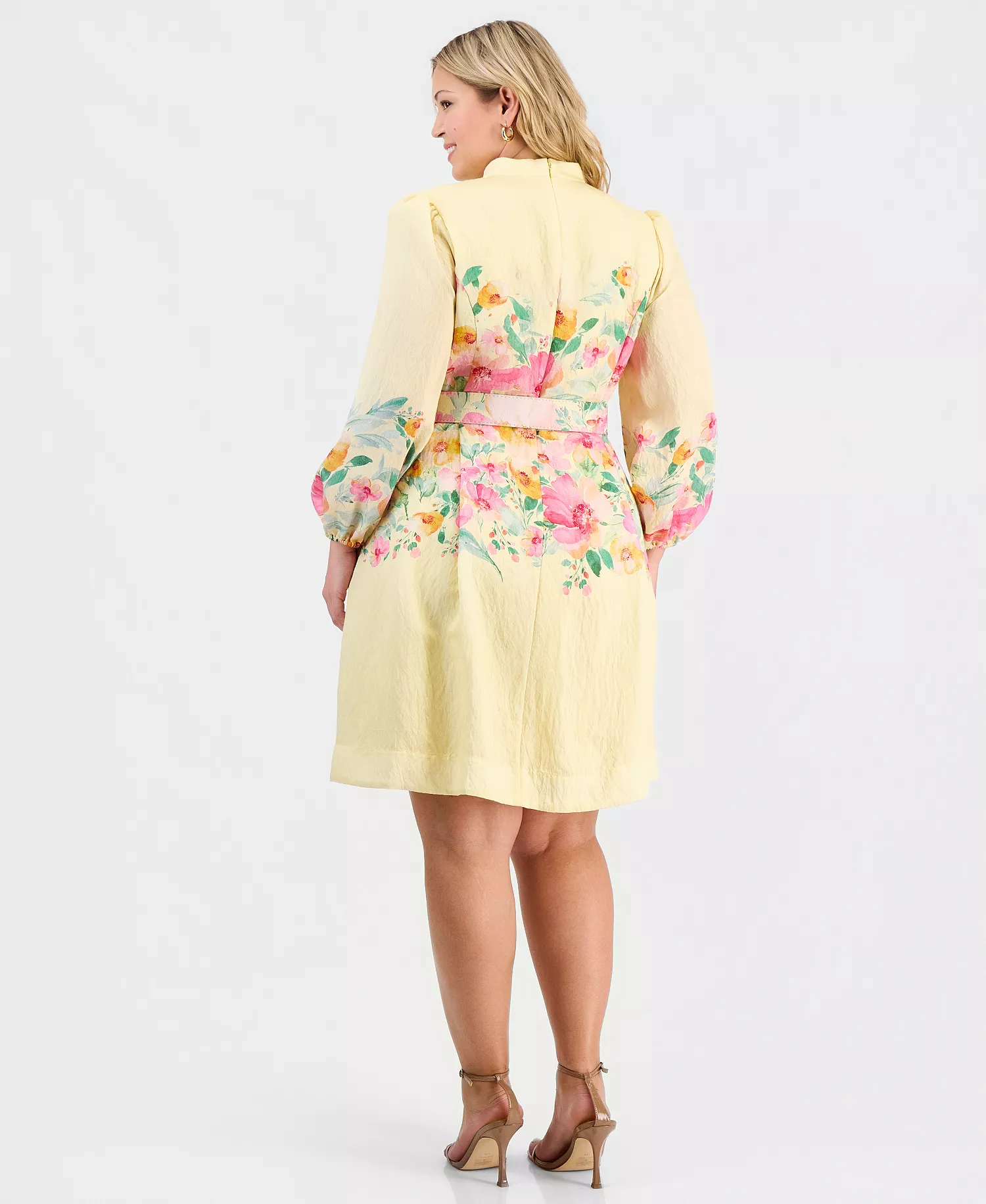 Plus Size Placed-Print Belted Fit & Flare Dress - Buttercup Multi - 14W