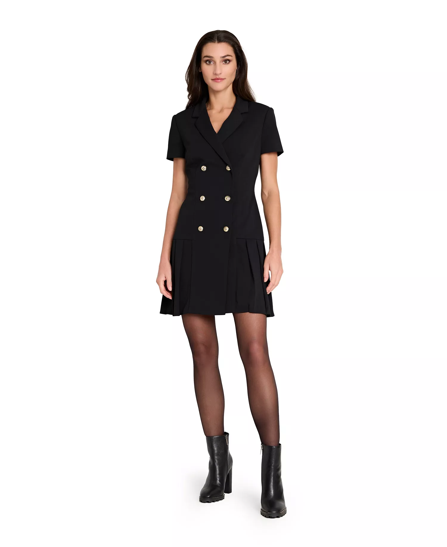 Women's Double Breasted Pleat Hem Short-Sleeve Coat Dress - Black - 10