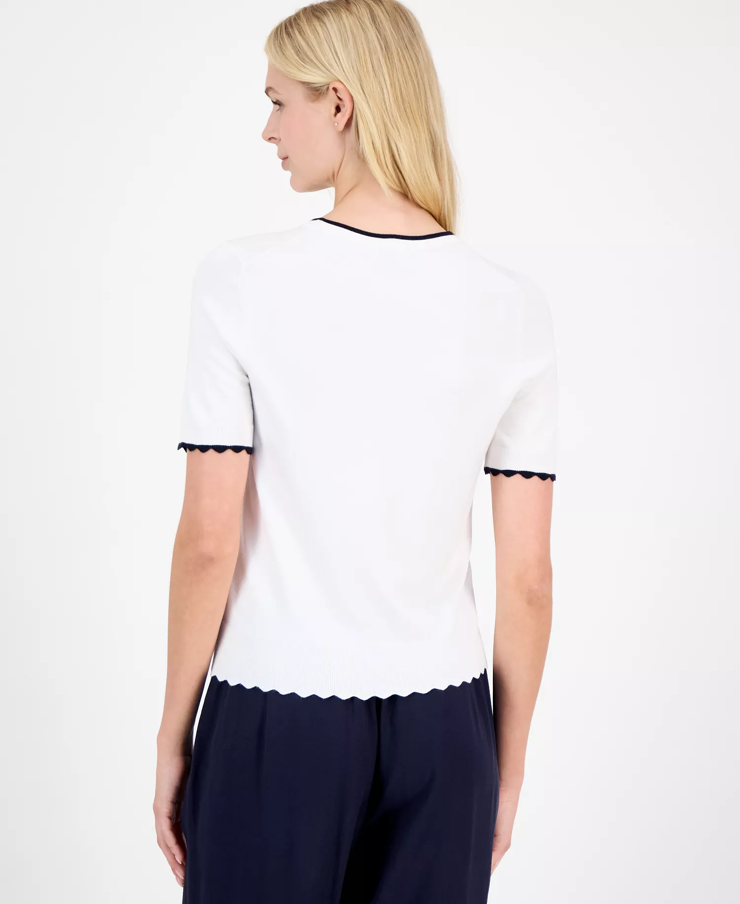 Nautica Women's Scallop-Trim Short Sleeve Crewneck Sweater - Bright White/ Night Sky - L