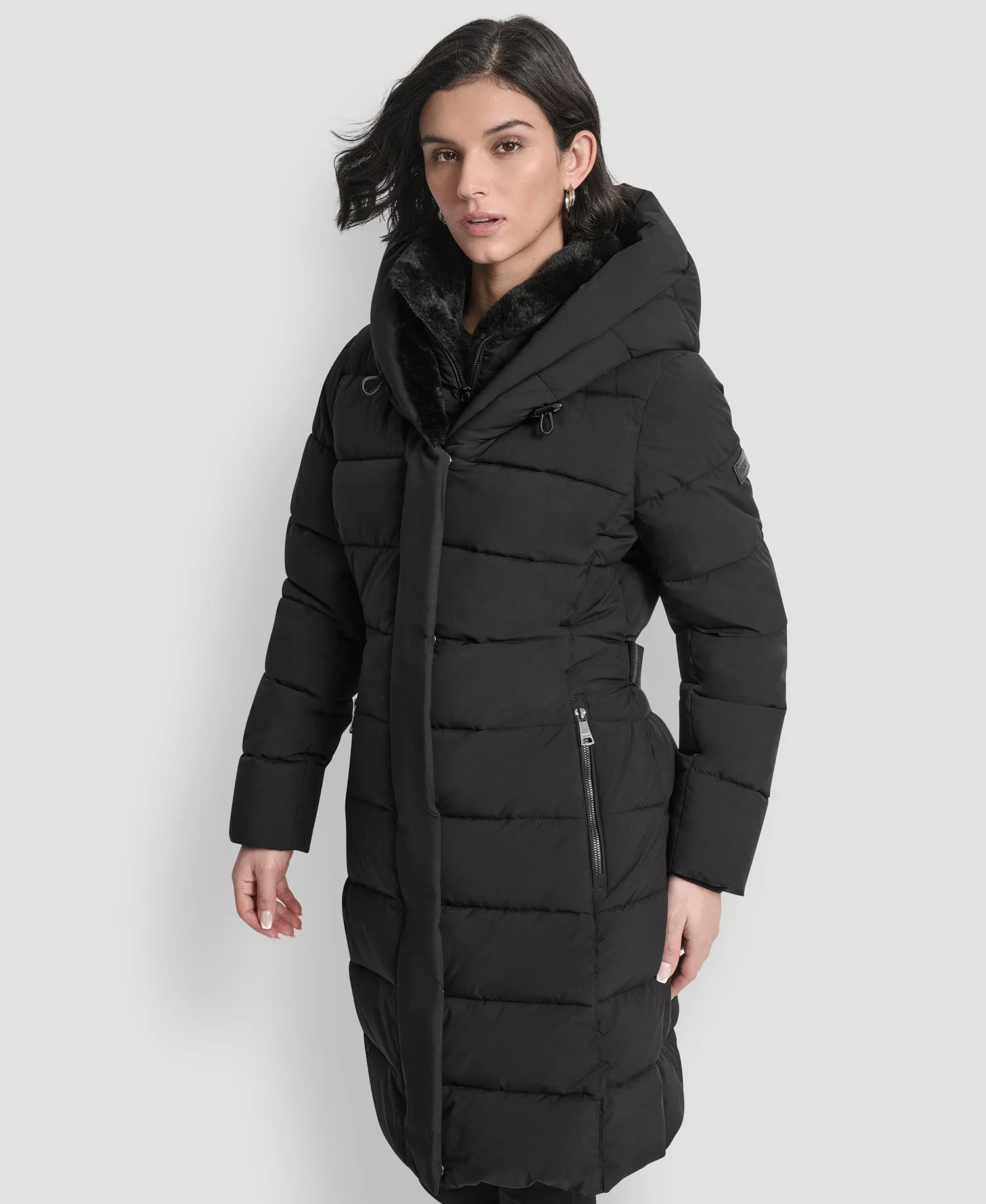 Women's Belted Asymmetrical Zip Front Puffer Coat - Black - M
