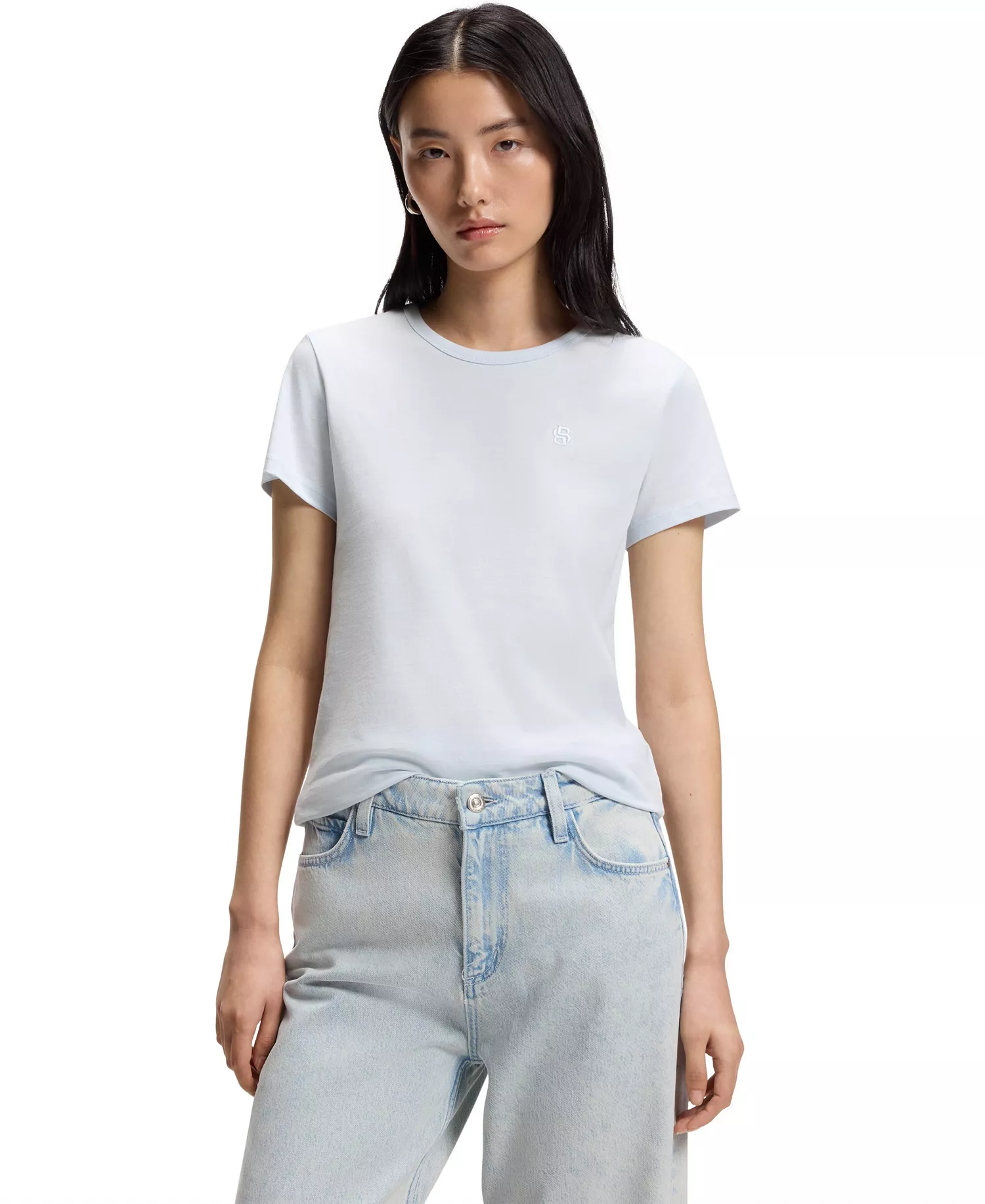 BOSS by Women's Cotton-Jersey Monogram Slim-Fit T-Shirt - Open Blue - L