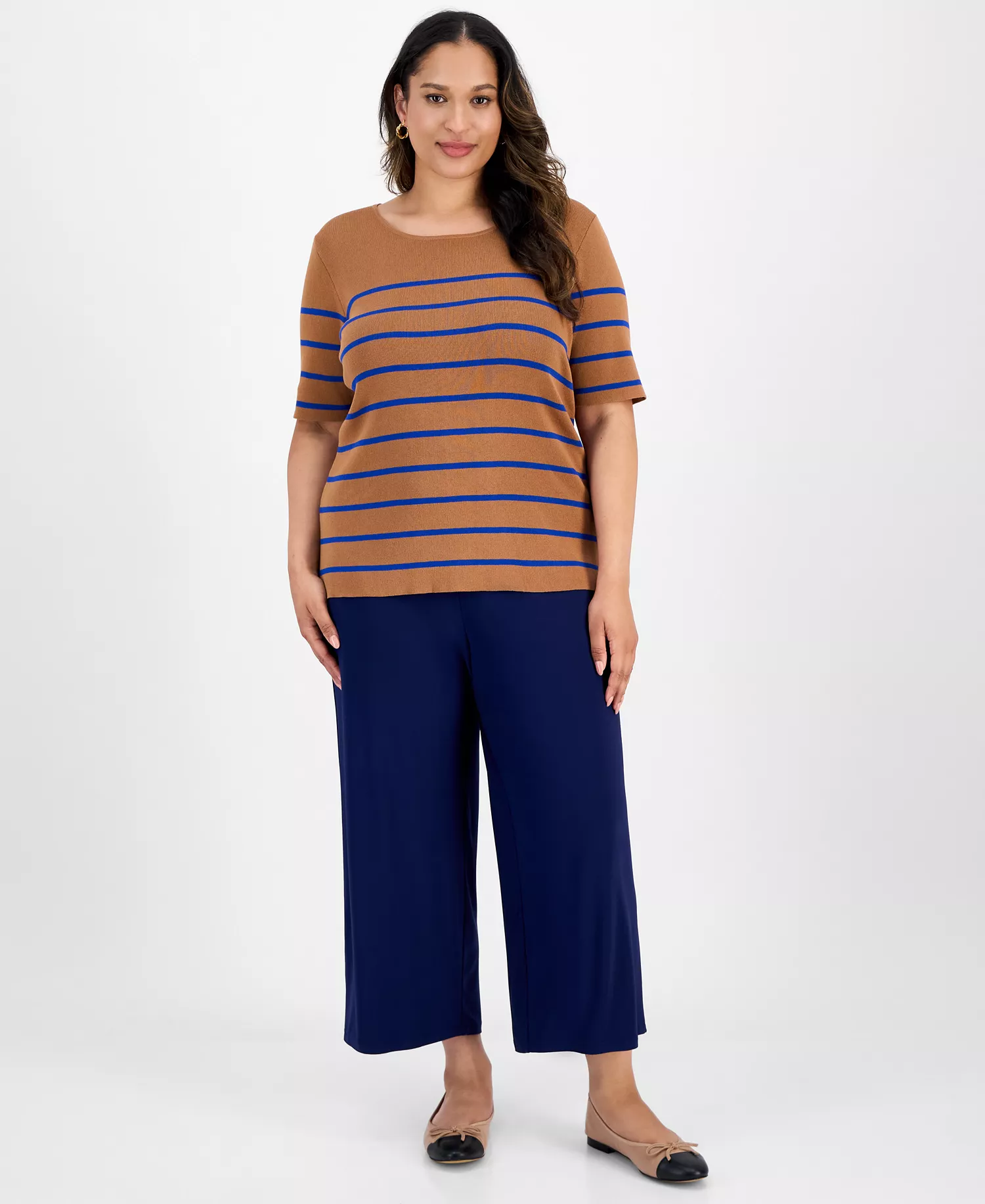 Plus Size Striped Short-Sleeve Top - Camel New Royal - 1X