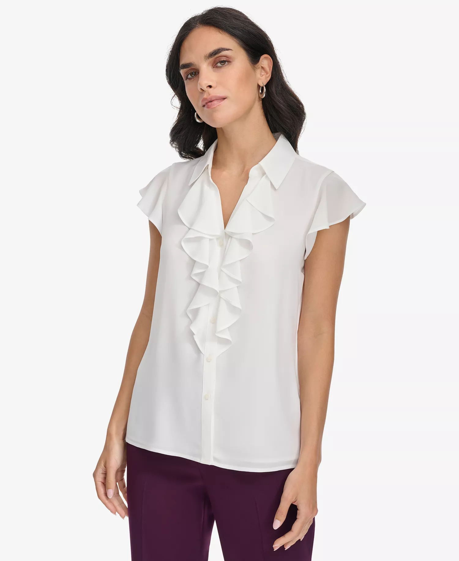 Women's Collared Ruffled Short-Sleeve Blouse - Cream - L