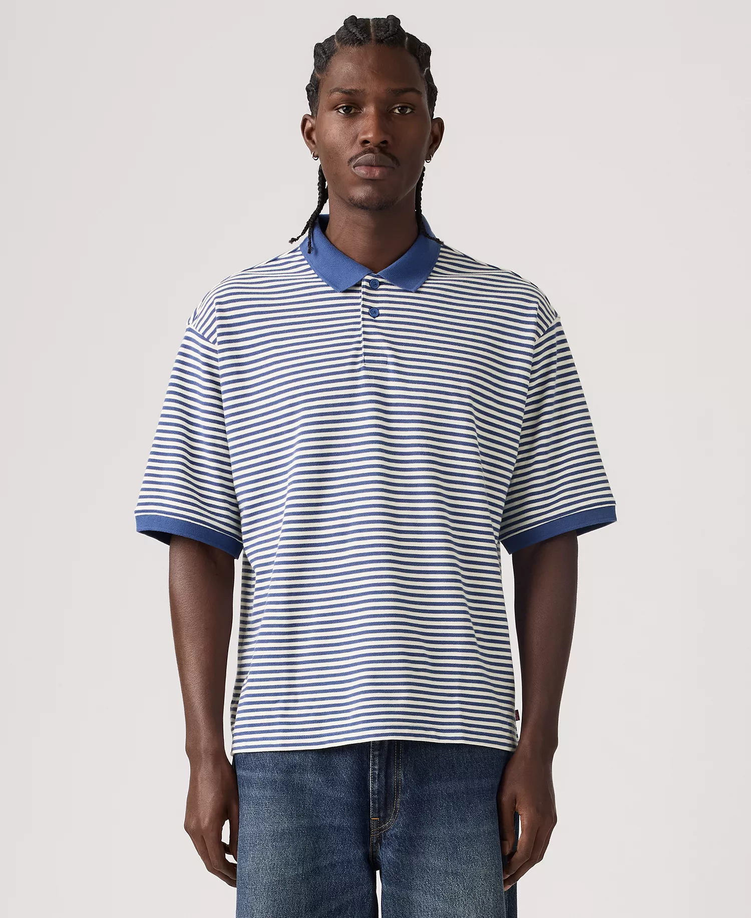 Men's Boxy Striped Collared Polo Shirt - Blue - 2XL