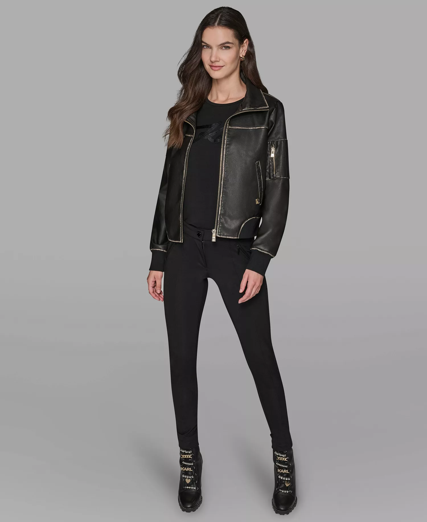Women's Knit-Trim Faux-Leather Jacket - Black - L