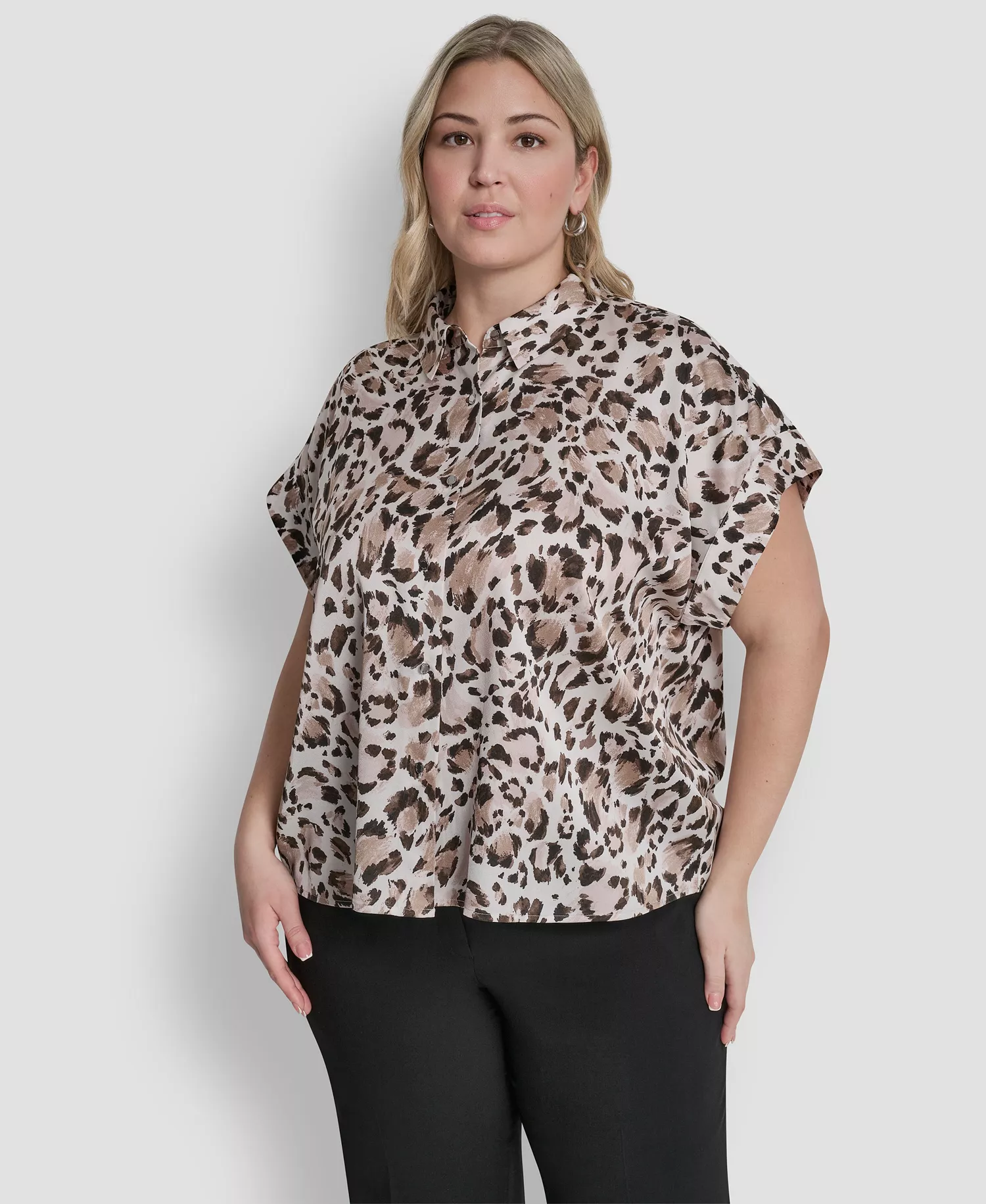 Plus Size Printed Camp Shirt - Ivory/Travertine - 1X