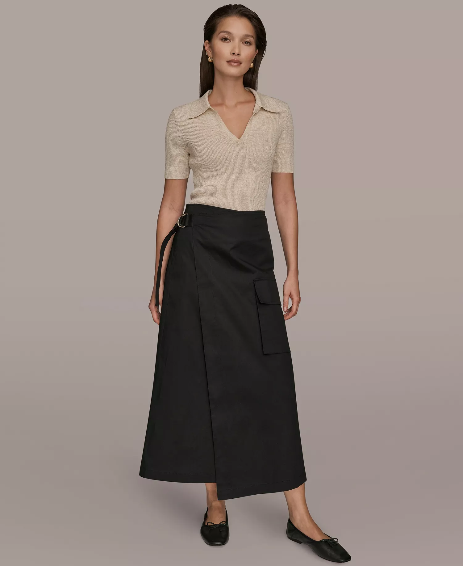 Women's Asymmetrical Stretch Poplin Wrap Cargo Pocket Skirt - Black - 10