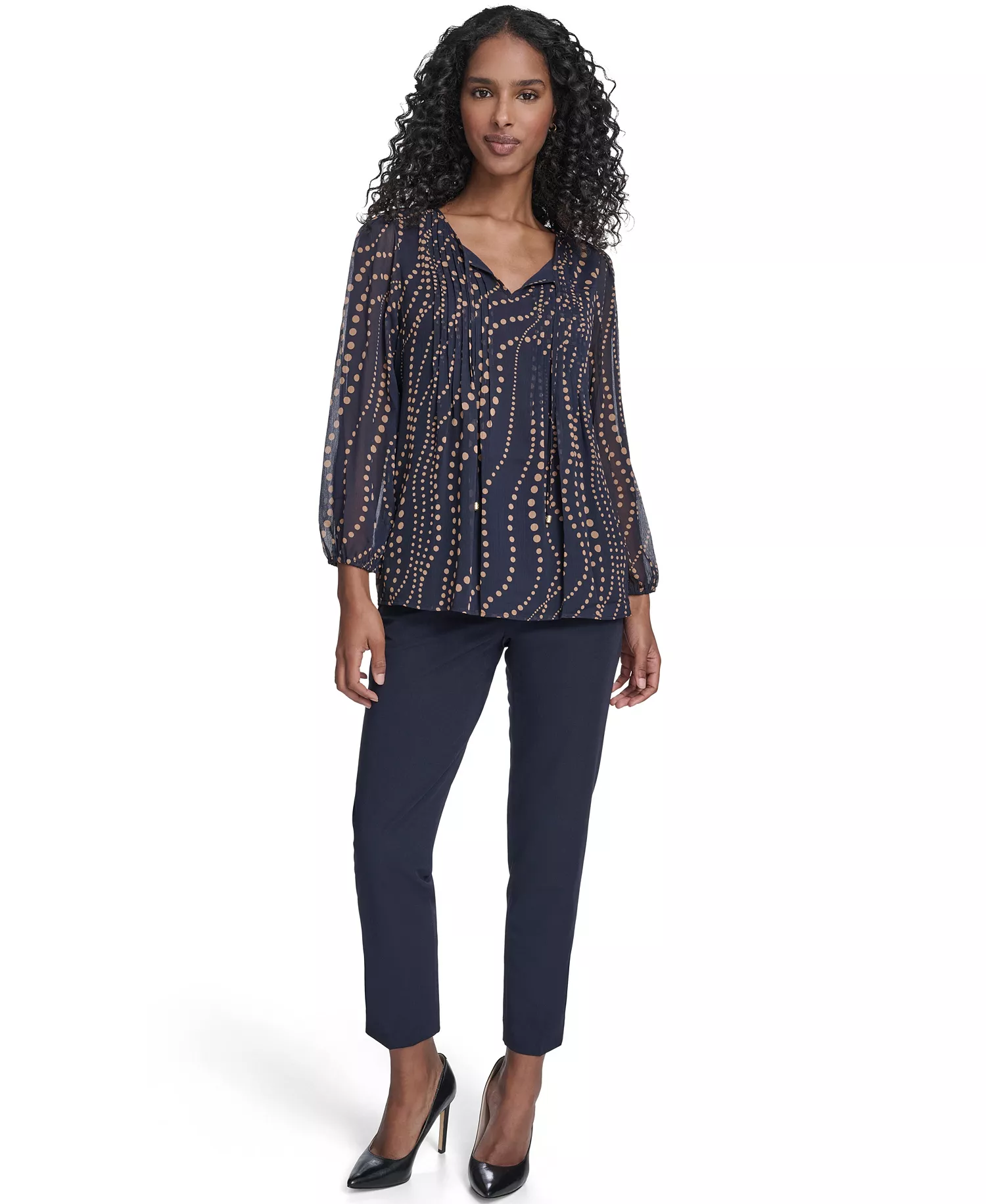 Women's Cascade Dot Pintuck Long Sleeve Blouse - Midnight/ Brown Sugar - L