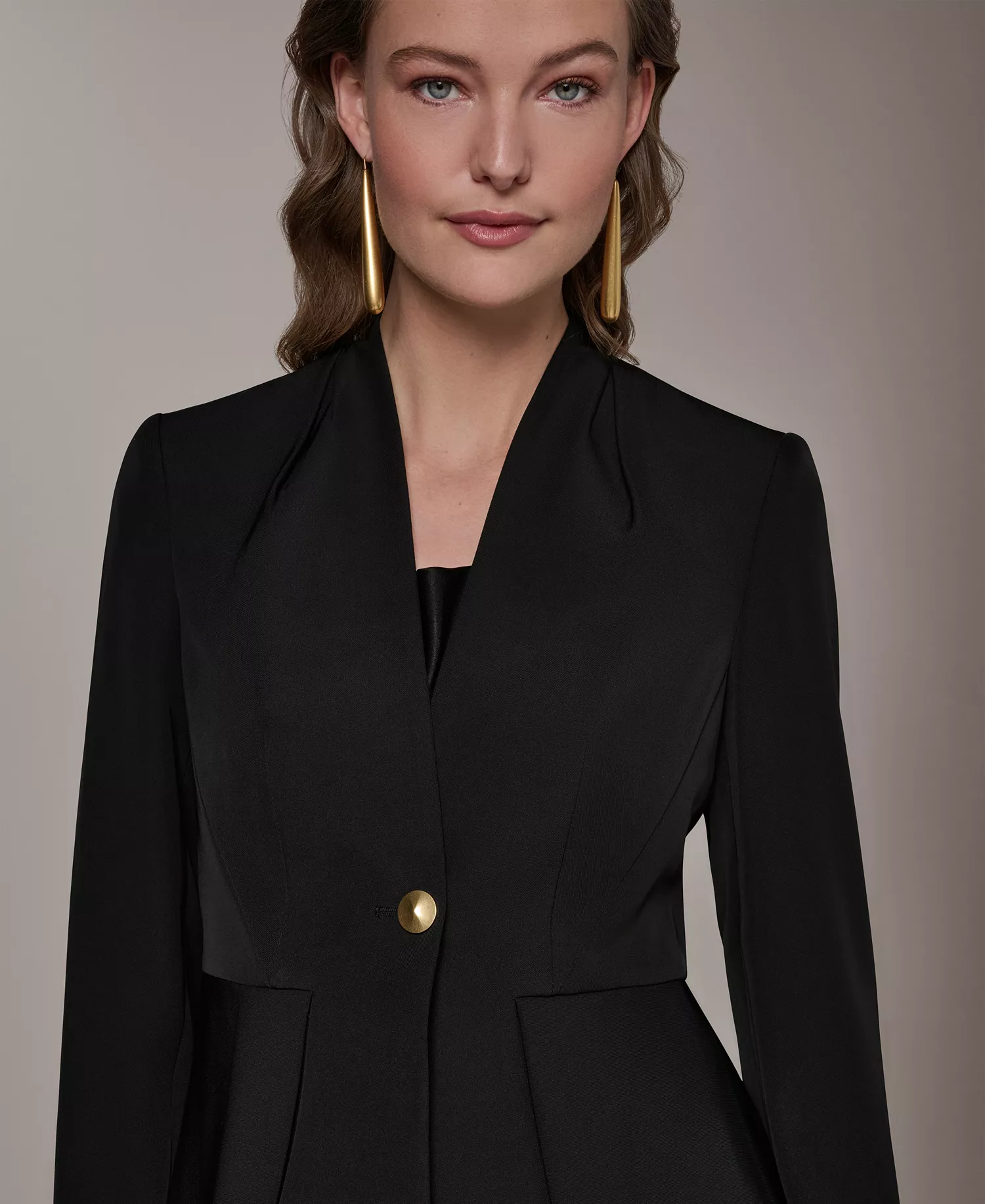 Petite Collarless One Button Jacket - Black - 0P