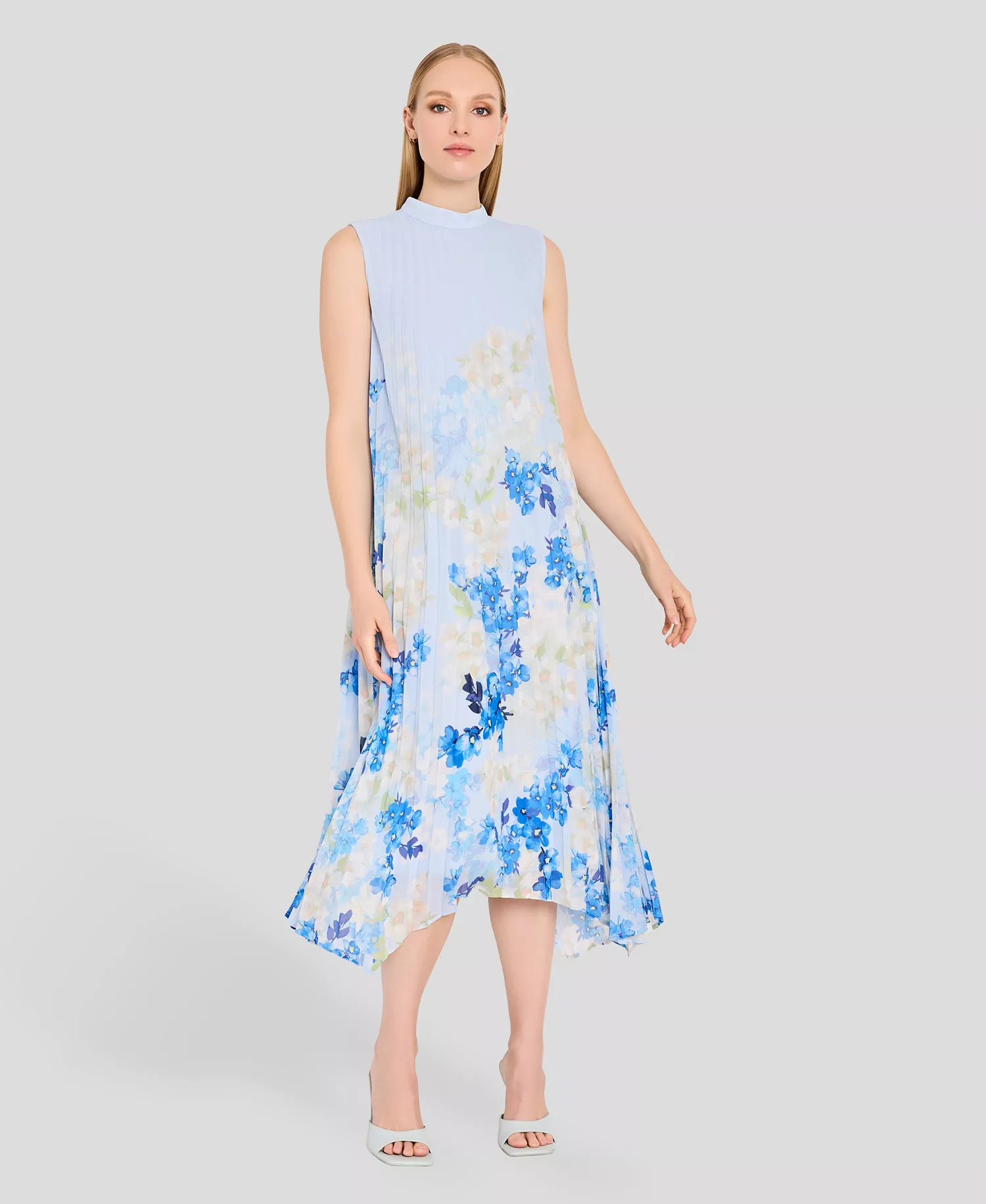 Women's Sleeveless Mock Neck Midi Dress - Ivory Blue Floral - 10
