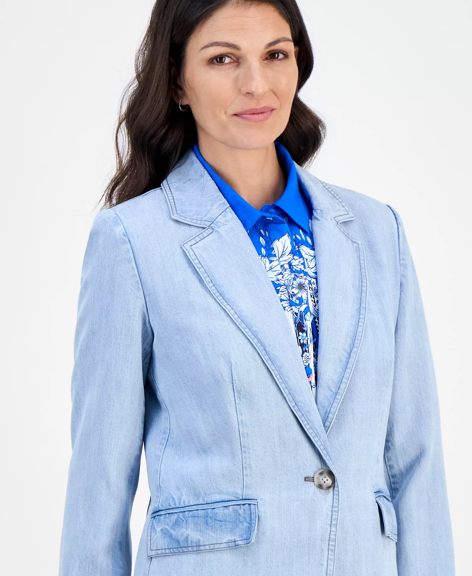 Women's Notch-Collar One-Button Jacket - Light Denim - 10