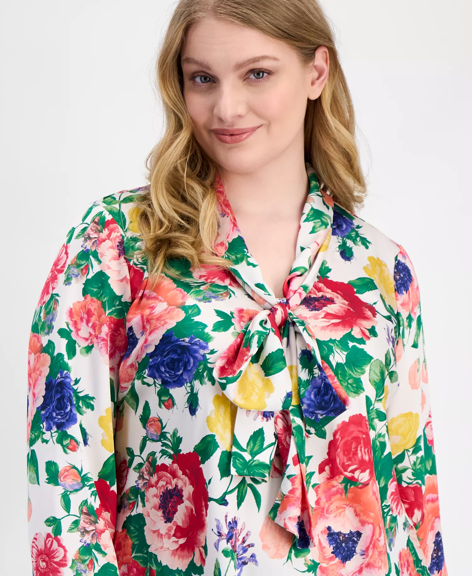 Plus Size Floral Print Tie-Neck Blouse  - Ivory Multi - 1X