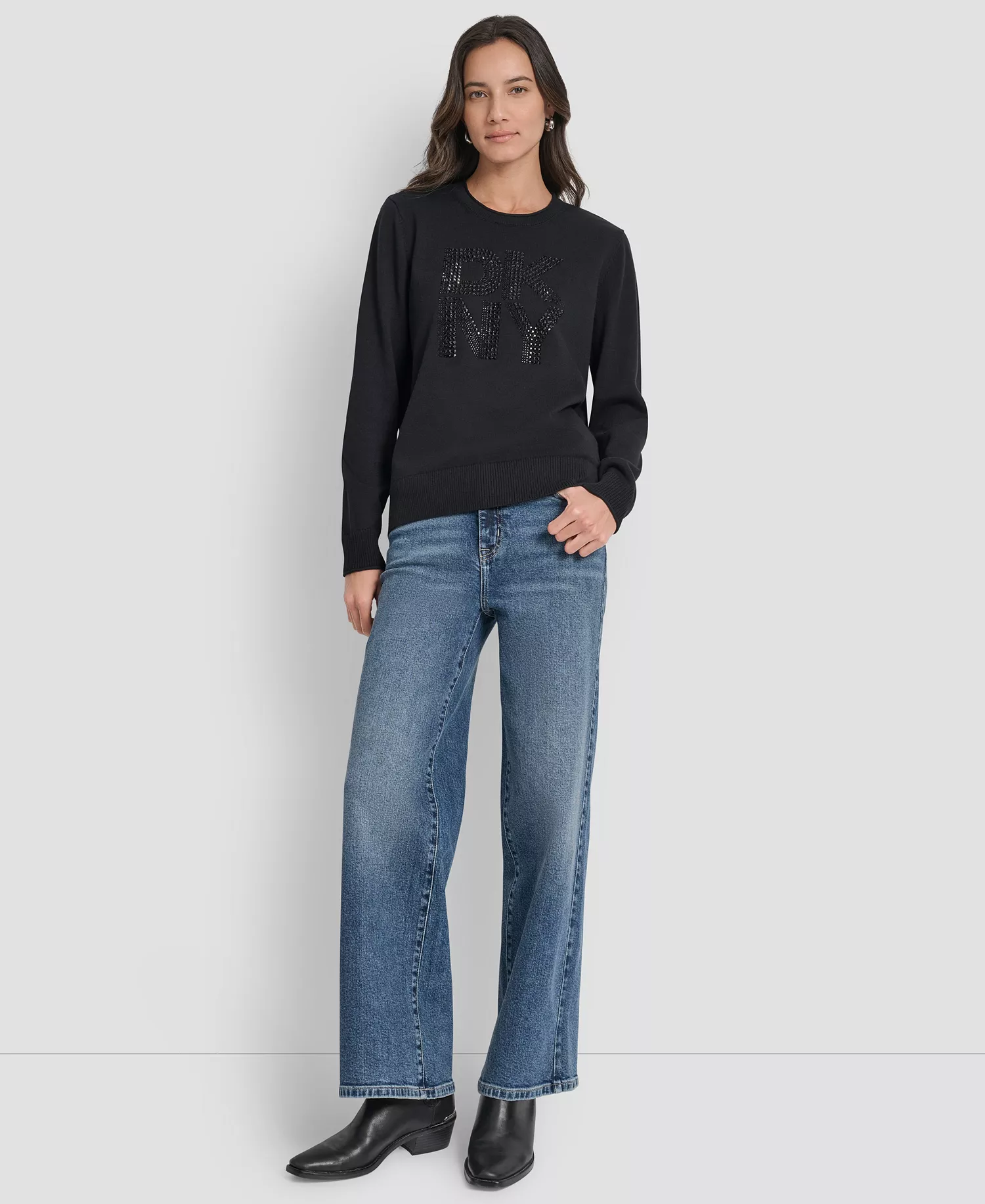 Petite Embellished Logo Crewneck Sweater - Black - PM