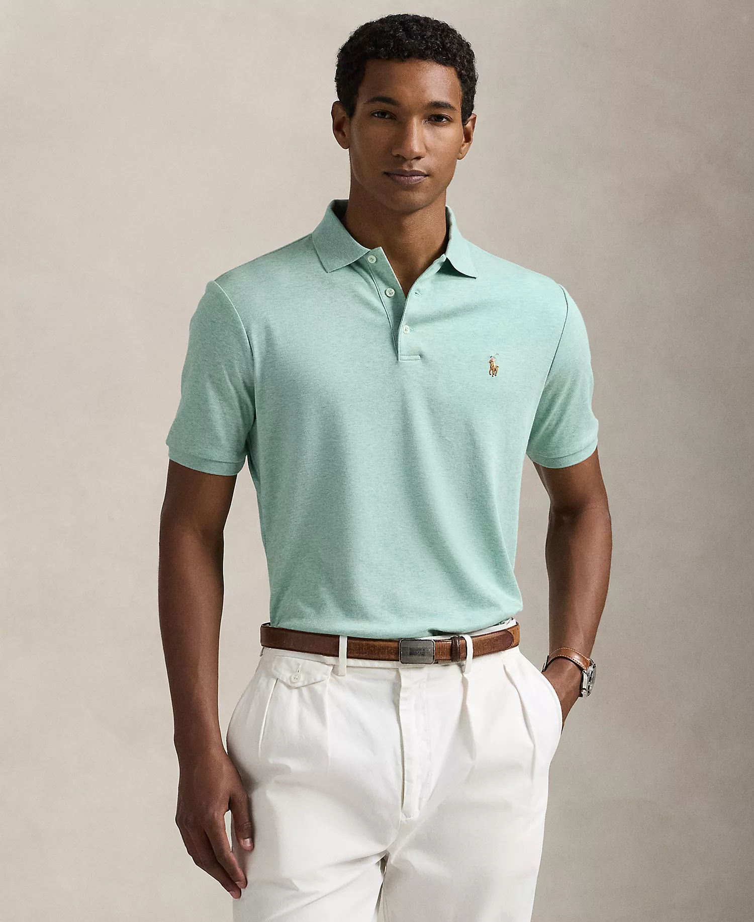Men's Custom Slim-Fit Soft Cotton Polo Shirt - Celadon Heather - 2XL