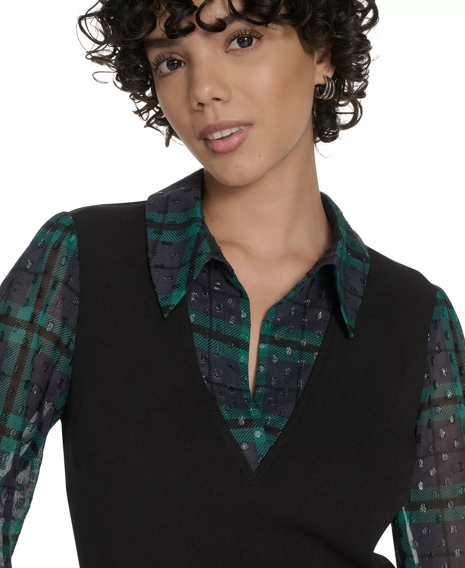 Women's Collared V-Neck Plaid Dress - BLACK.MIDNIGHT.EVERGREEN - 14