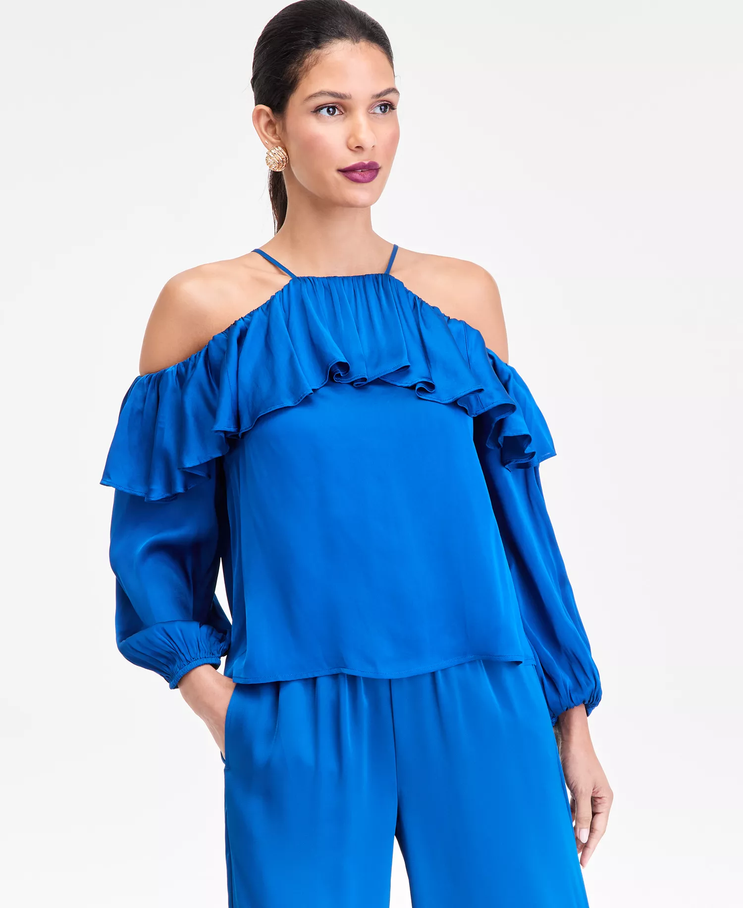 Women's Long-Sleeve Cold-Shoulder Ruffle Blouse, Macy's Exclusive - Cobalt Dream - L