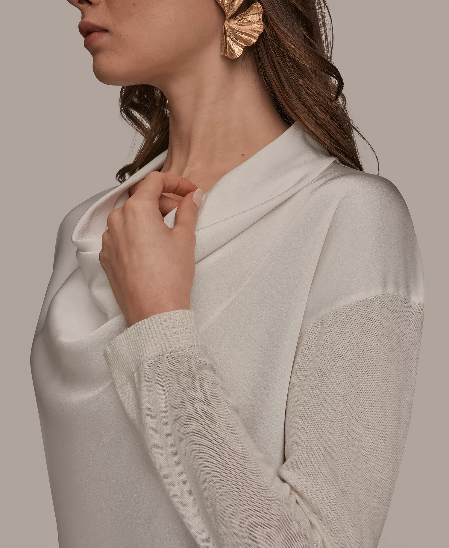 Women's Long-Sleeve Mix Media Cowl Front Top - Cream - L