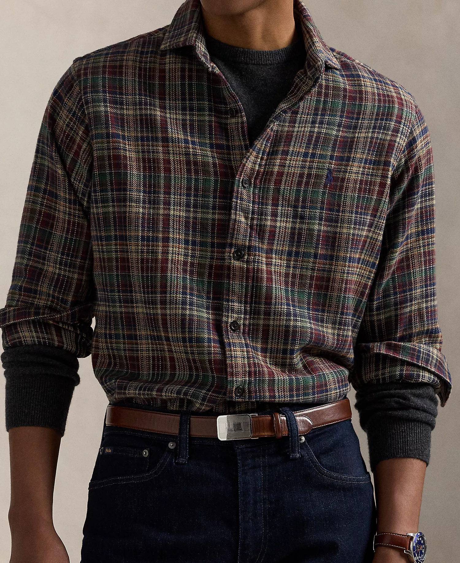 Men's Classic-Fit Plaid Brushed Flannel Shirt - Pine Navy Multi - S