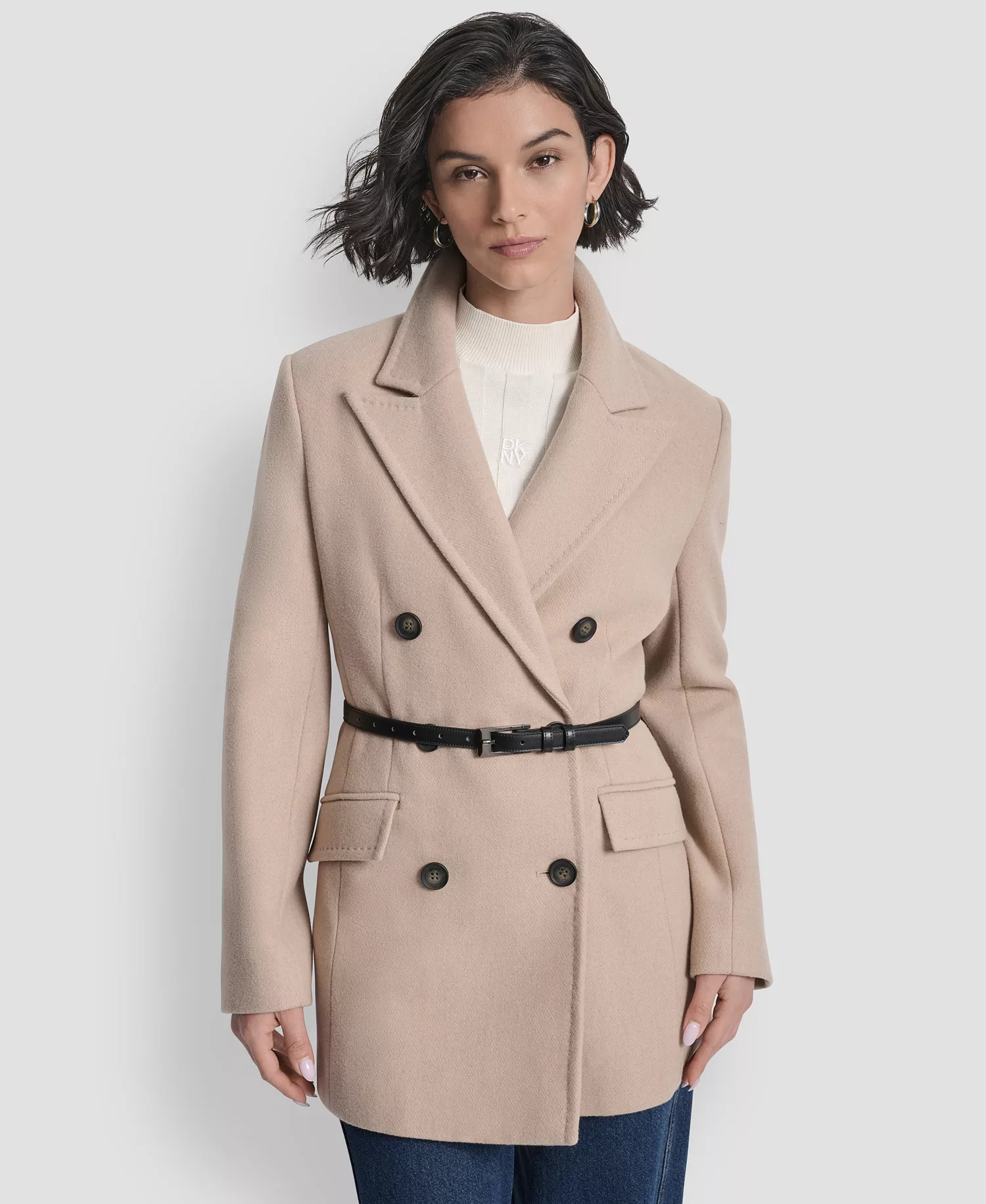 Women's Short Double-Breasted Belted Coat - Light Camel - L