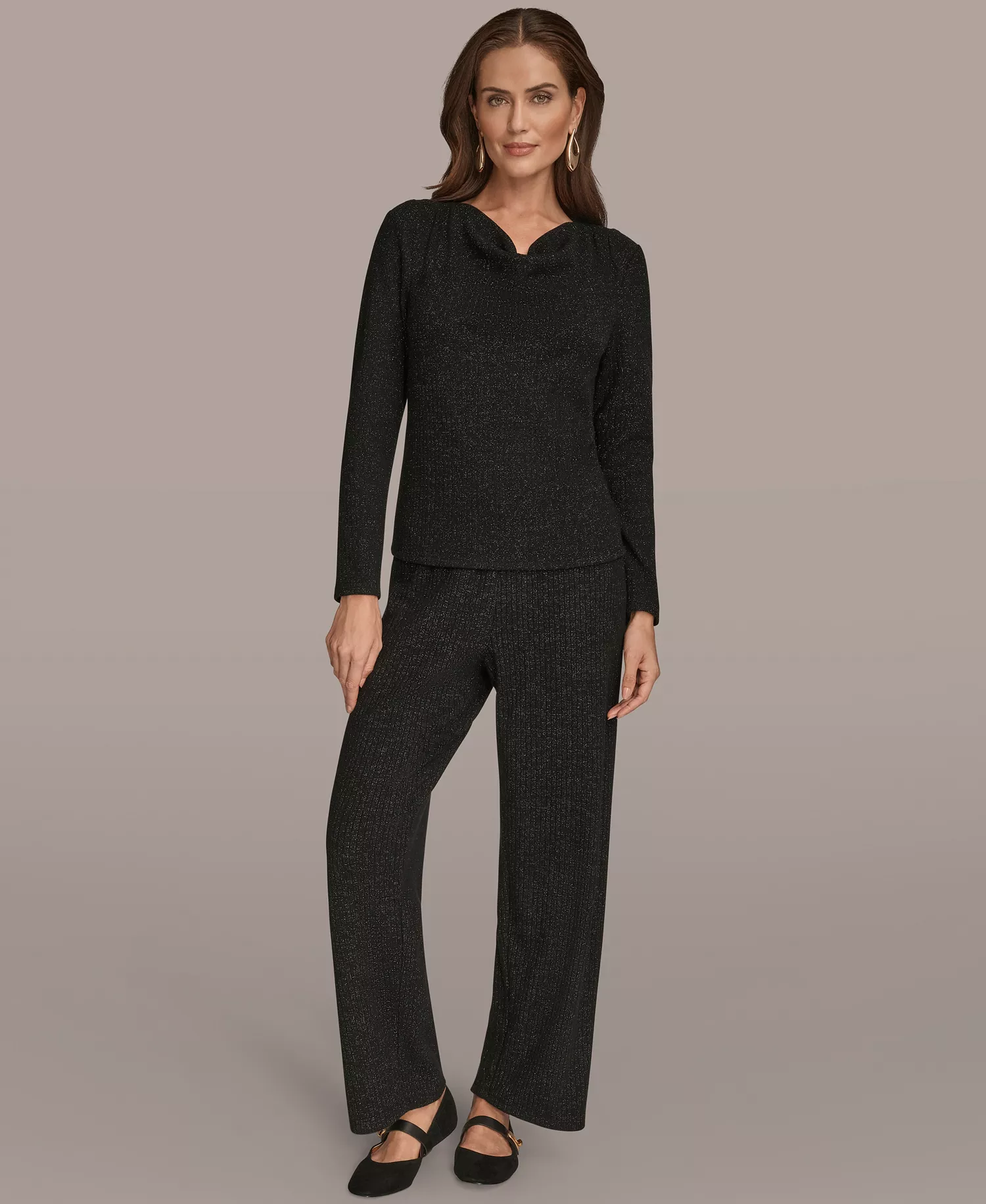 Women's Long Sleeve Metallic Rib Knit Top - Black - S