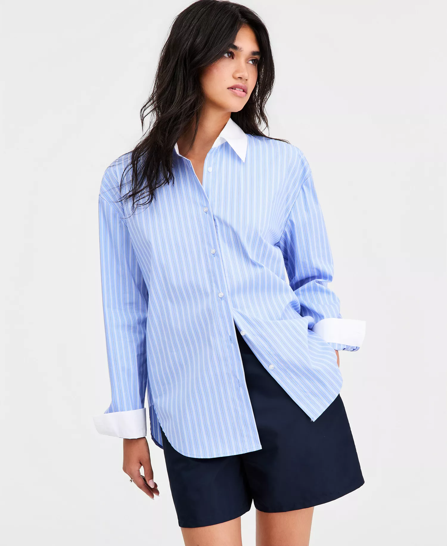 Women's Contrast-Collar Striped Shirt, Macy's Exclusive - Blue Stripe - L
