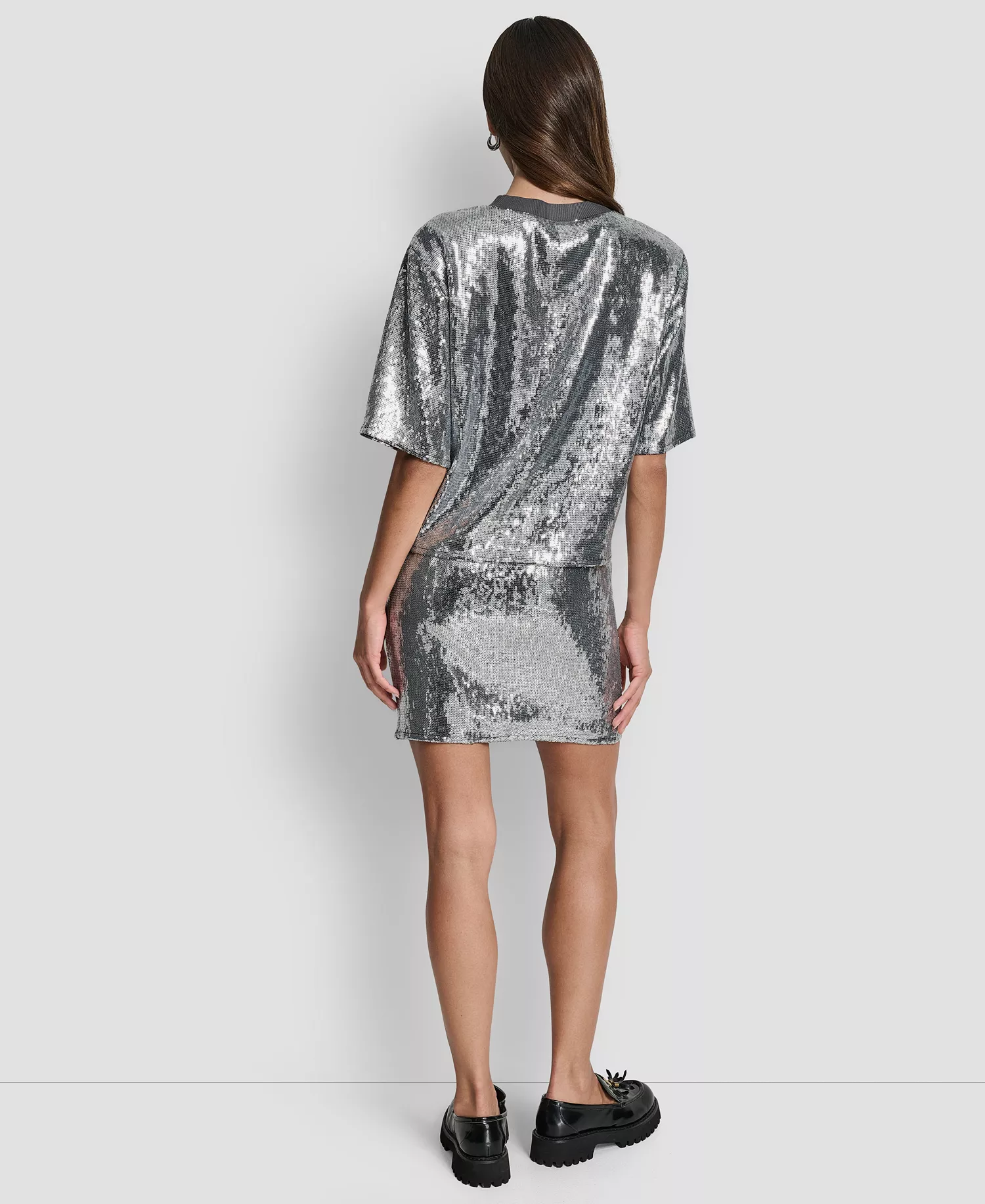 Women's Sequins Crewneck Boxy Short-Sleeve Relaxed T-Shirt - Black/Silver - L