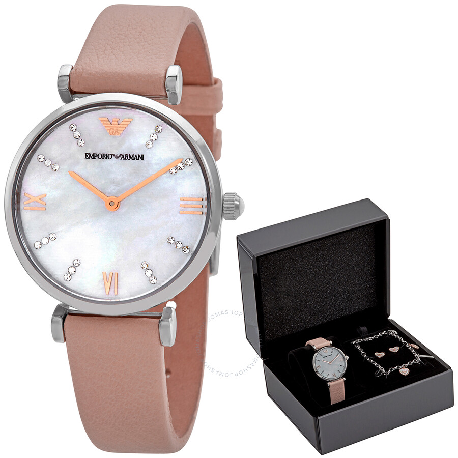 Emporio Armani Quartz Mother of Pearl Dial Ladies Watch and Jewelry Set