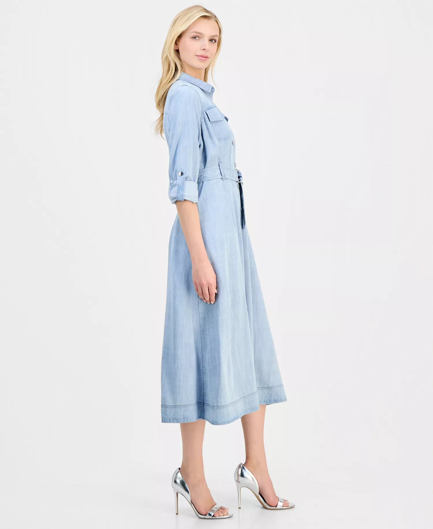 Women's Roll-Sleeve Denim Midi Shirtdress - Light Wash - 10