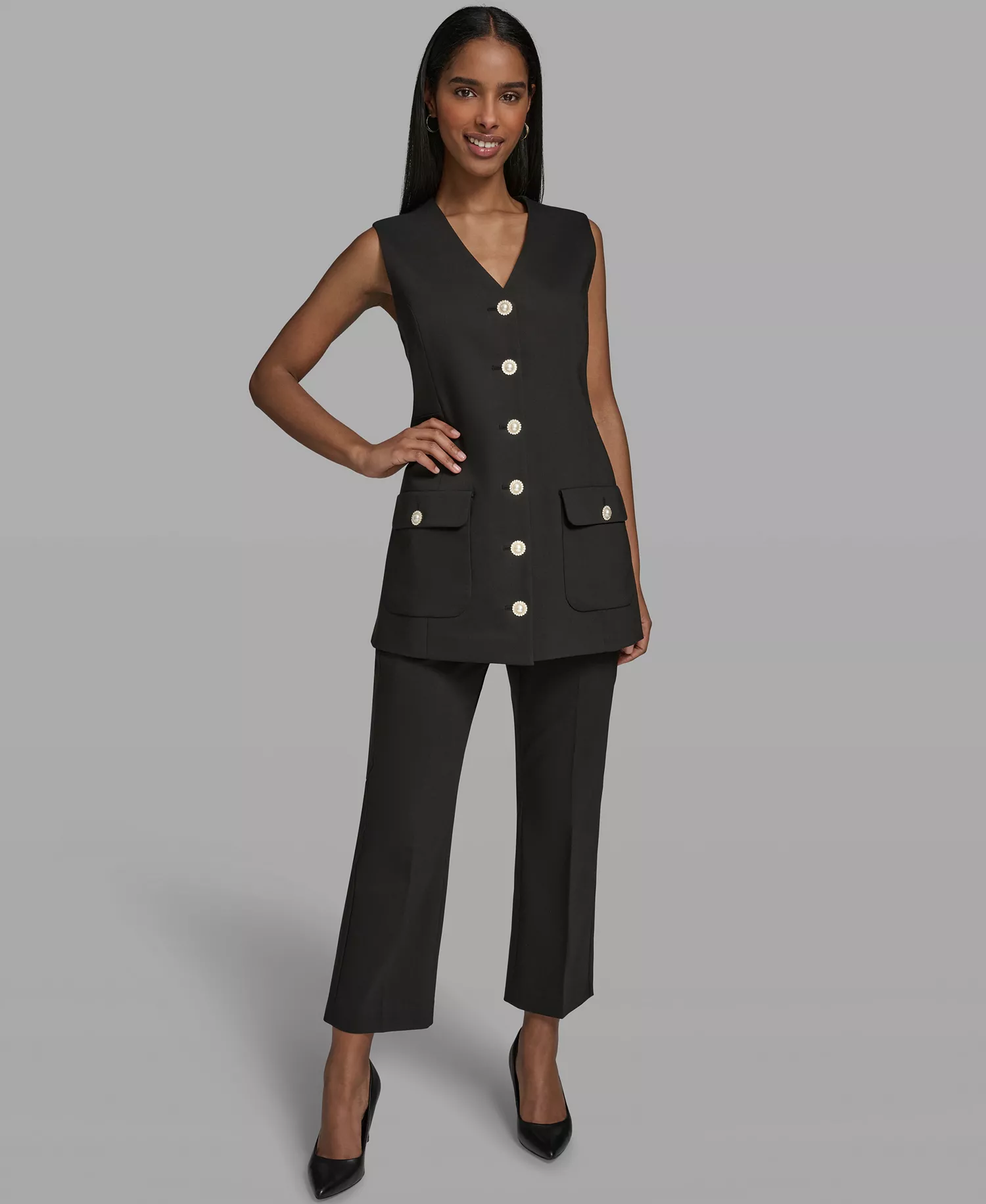 Women's V-Neck Woven Vest - Black - 0