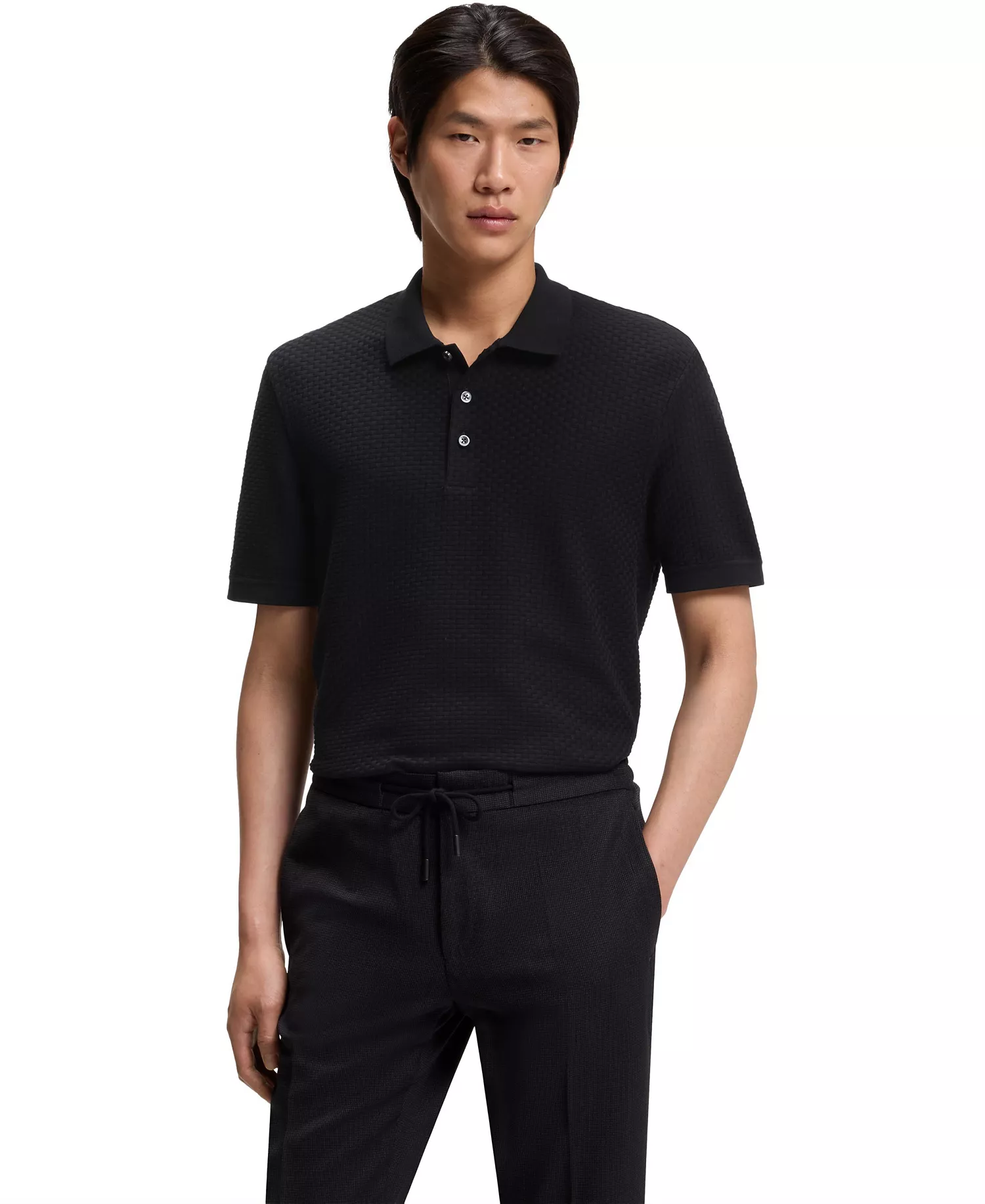 Men's Mercerized Cotton Basket Weave Polo Shirt - Black - L
