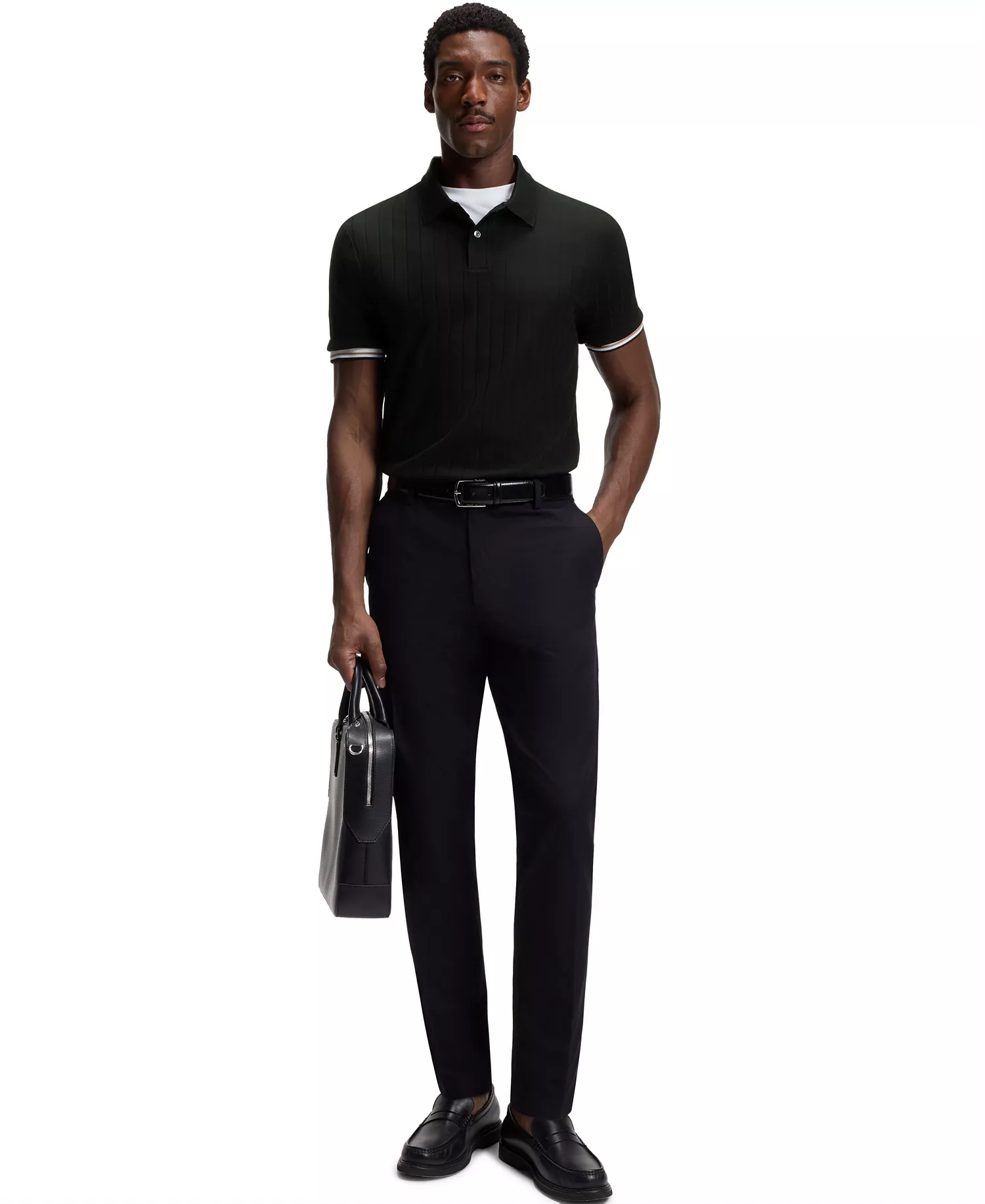 Men's Mercerized-Cotton Vertical Stripes Polo Shirt - Black - 2XL