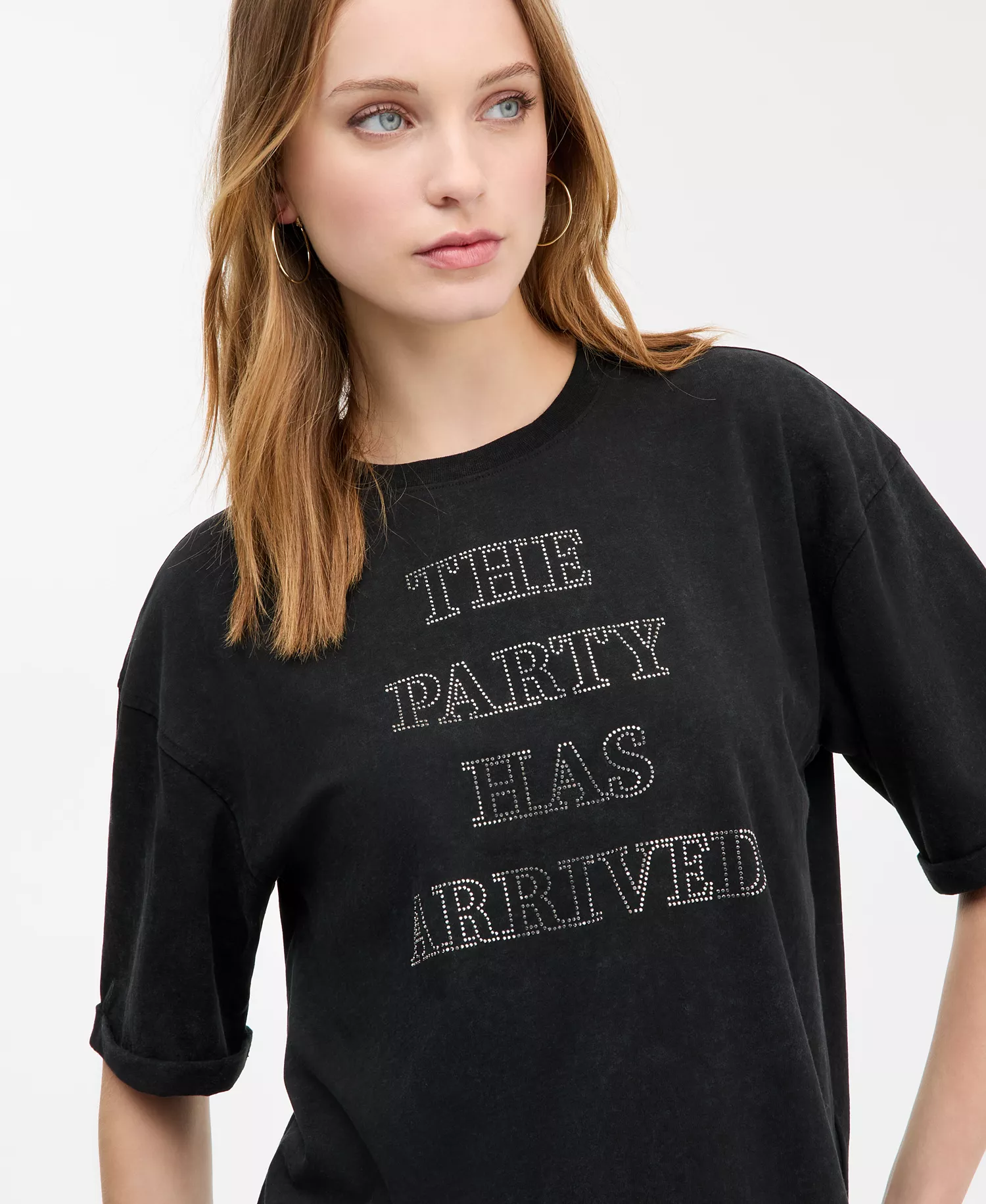 Women's Short-Sleeve Studded Party T-Shirt - Black - L