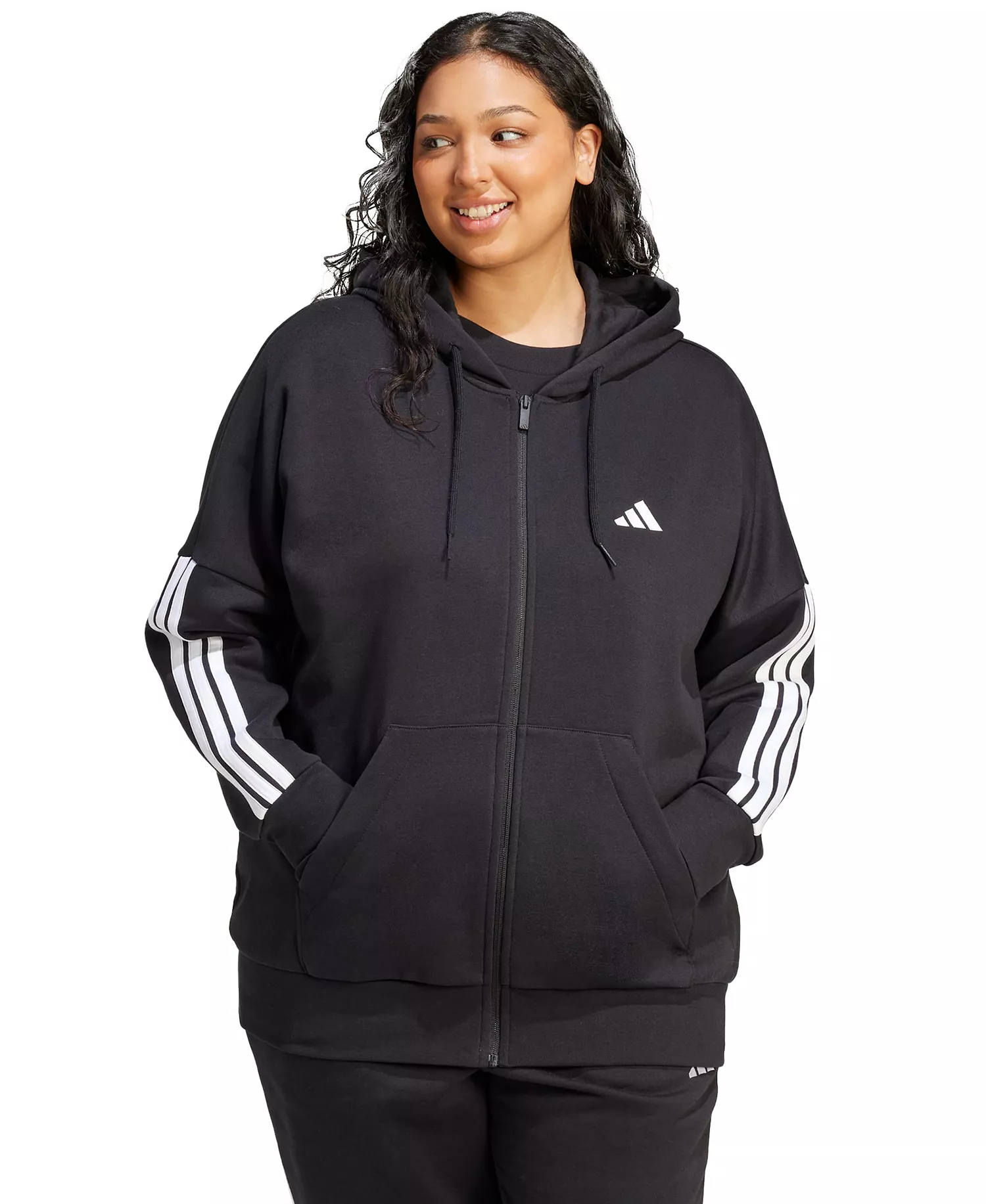 Plus Size Essentials 3-Stripes Full-Zip Fleece Hoodie - Black - 1X