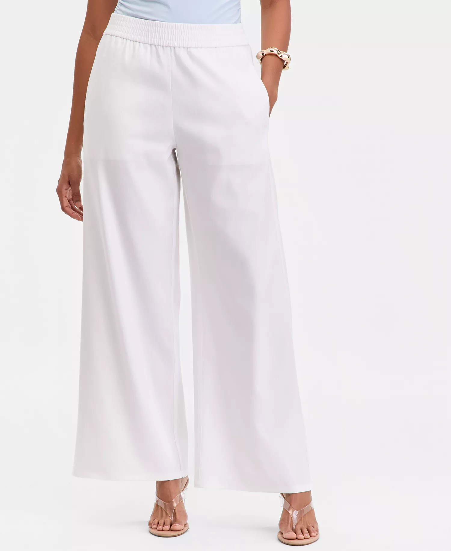 Women's Linen-Blend Wide Leg Pull On Pants - Bright White - L