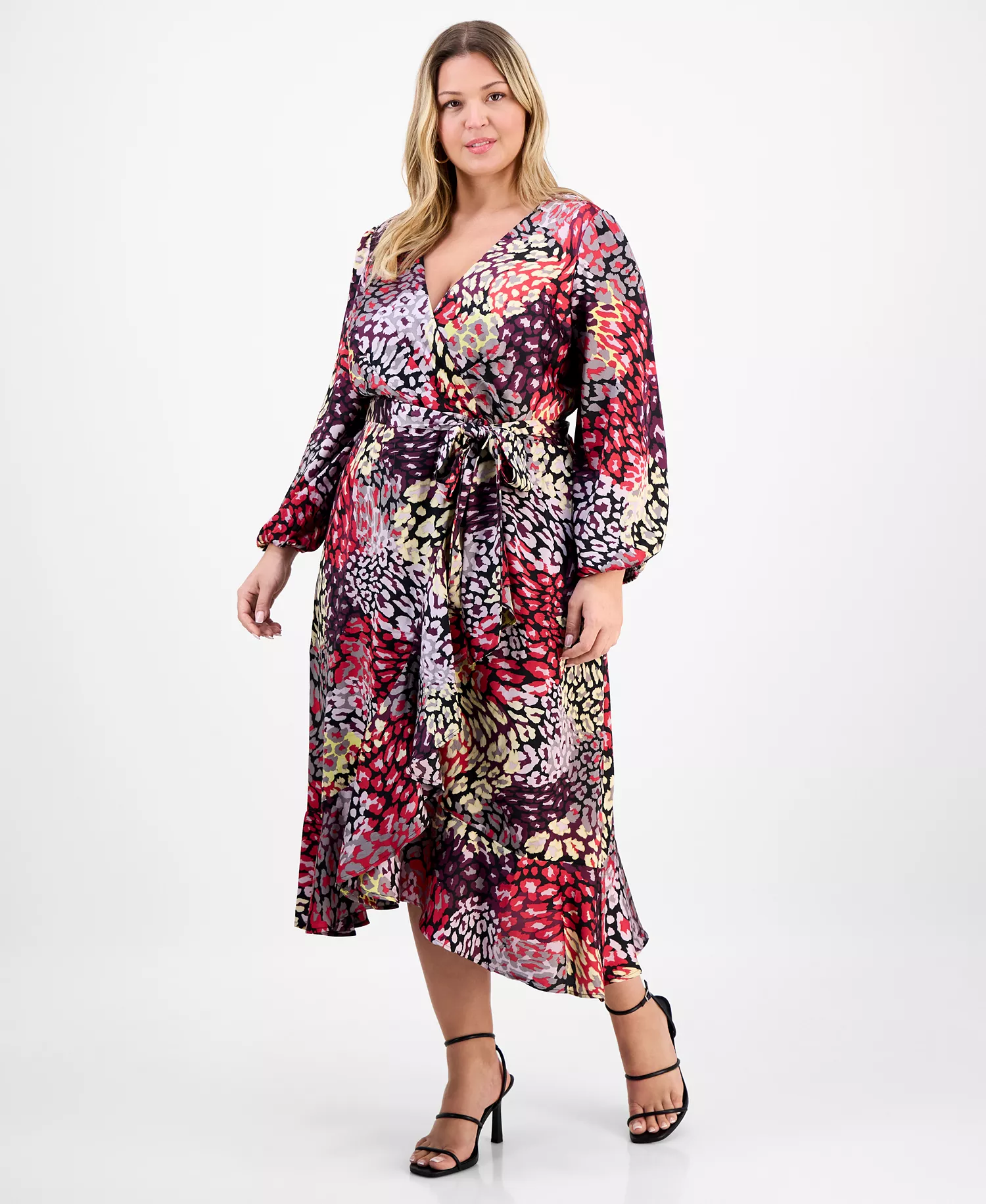 Plus Size Ruffle Hem Printed Faux-Wrap Dress - Multi Leopard - 14W