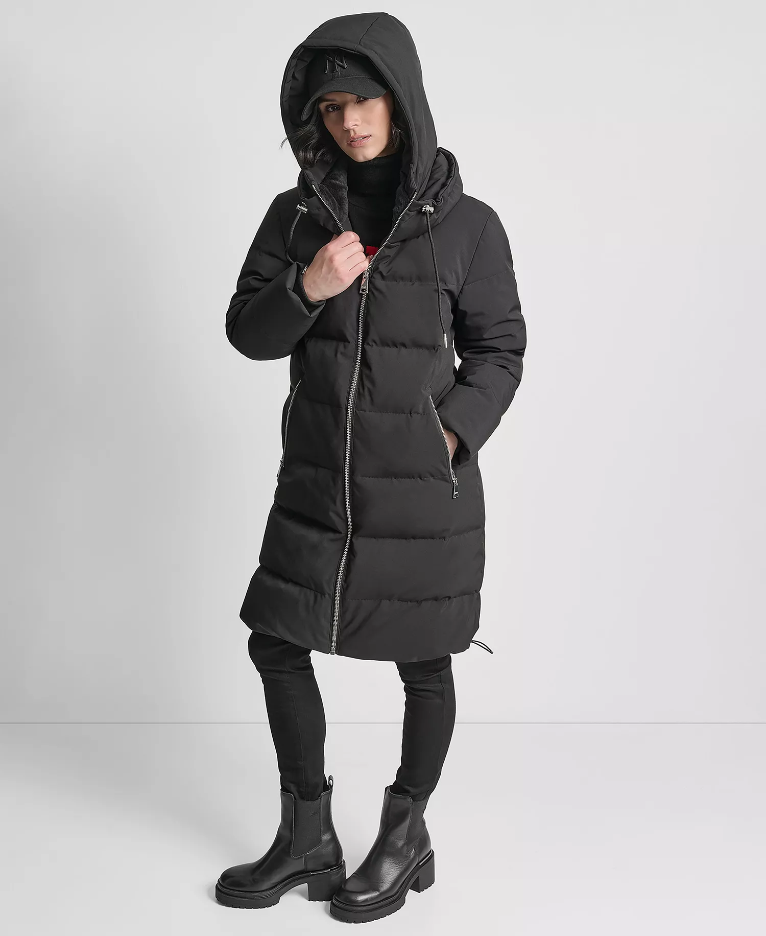 Women's Stand Collar Zipper Puffer Coat - Black - L