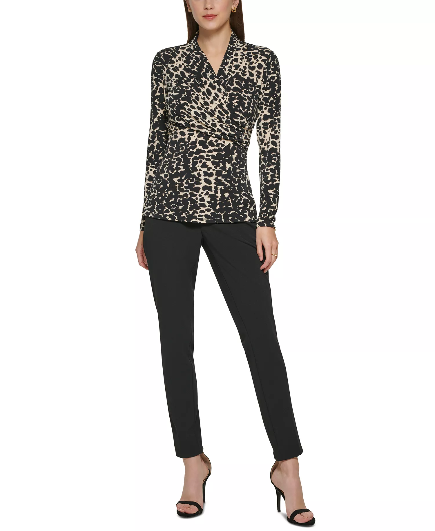 Petite Printed Surplice Top, Created for Macy's - Tan Multi - PL