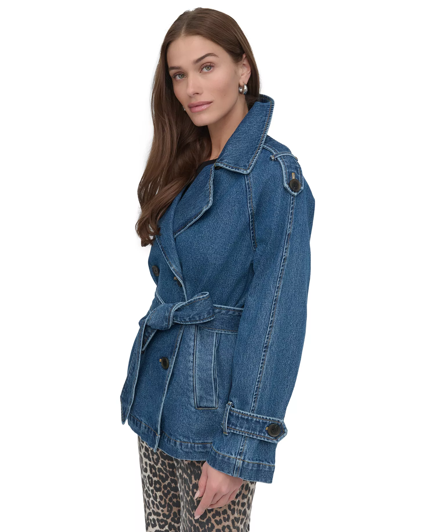 Women's Short Belted Double-Breasted Trench Coat - Washed Denim - L