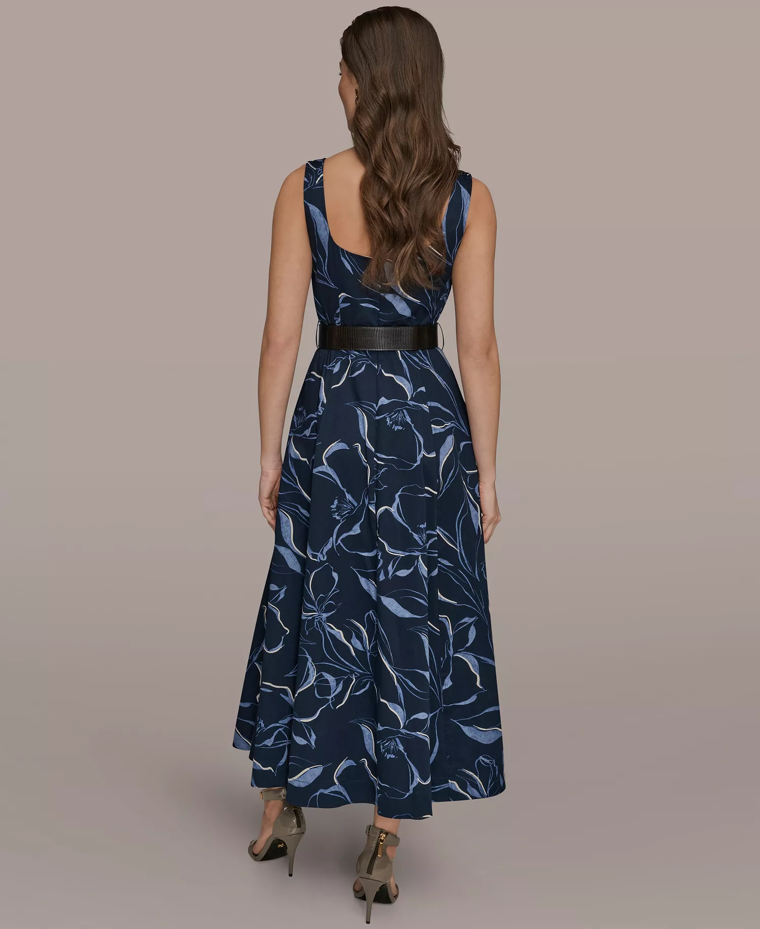 Women's Square Neck Belted A-Line Dress - Nightfall - 10