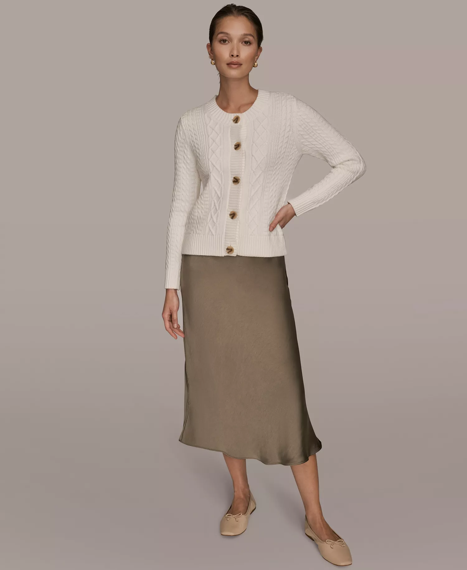 Women's Long Sleeve Button Front Mixed Cable Cardigan - Cream - L