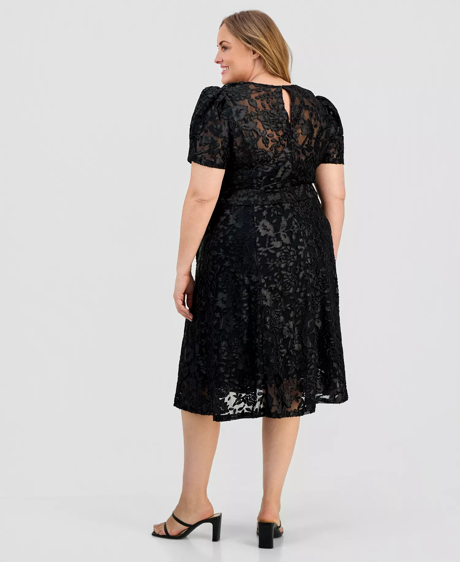Plus Size Puff-Sleeve Burnout Midi Dress - Black - 14W
