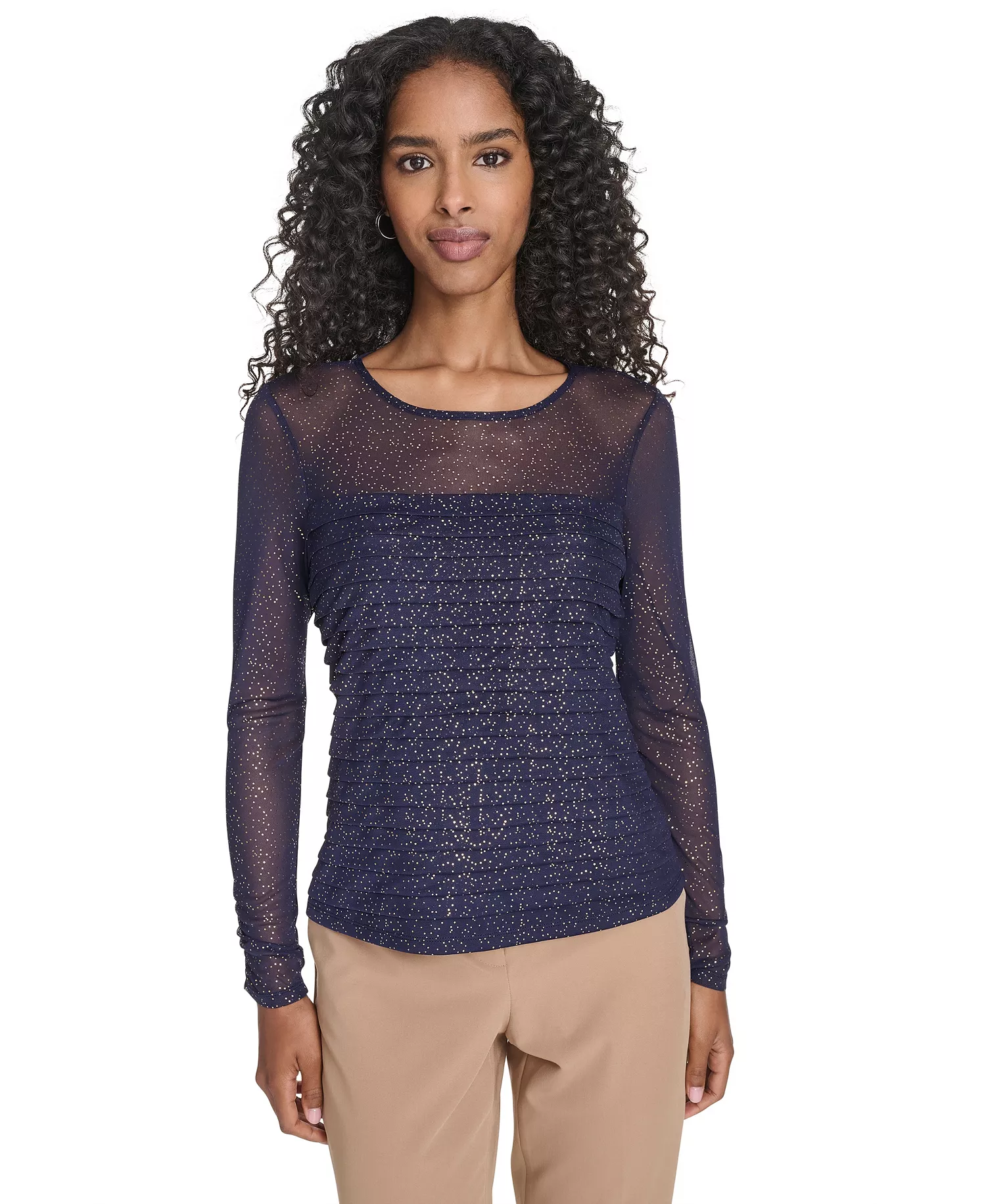 Women's Crew Neck Pleated Lurex Dot Top - Navy/ Gold - L