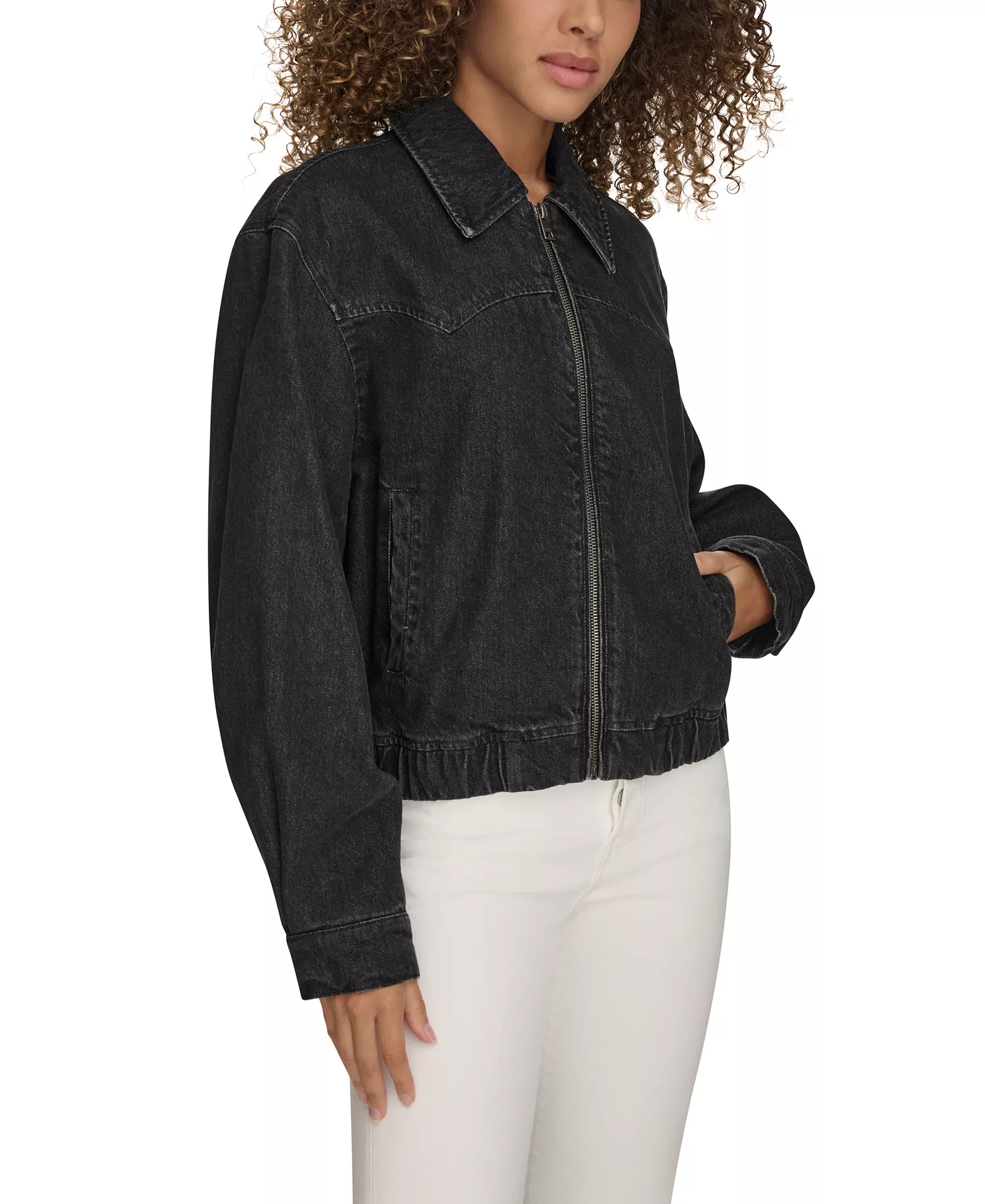 Women's Western Zip-Front Denim Bomber Jacket - Black Wash Denim - L