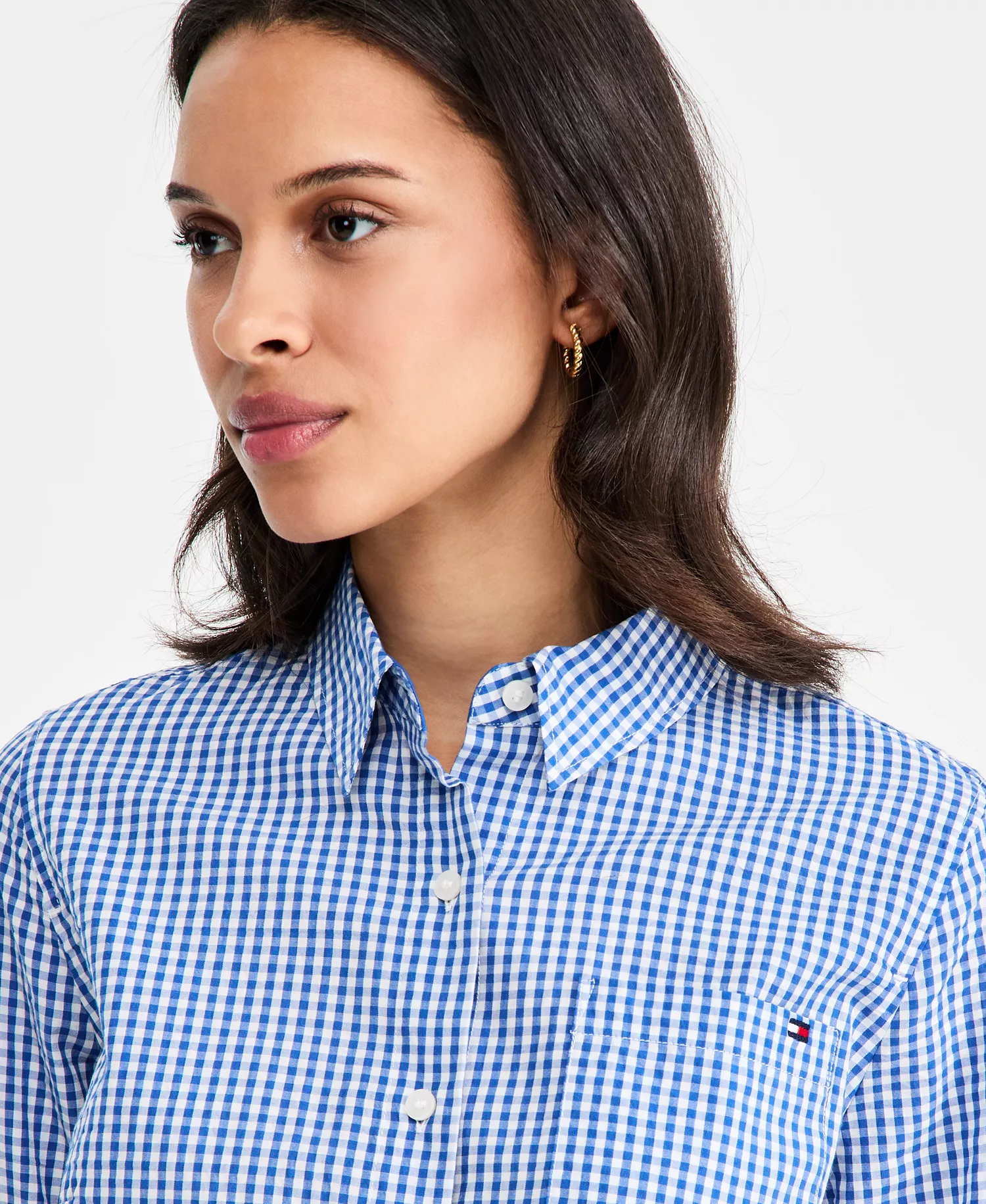 Women's Gingham Print Roll-Tab Shirt - Blue Orbit / Ecru Gingham - L