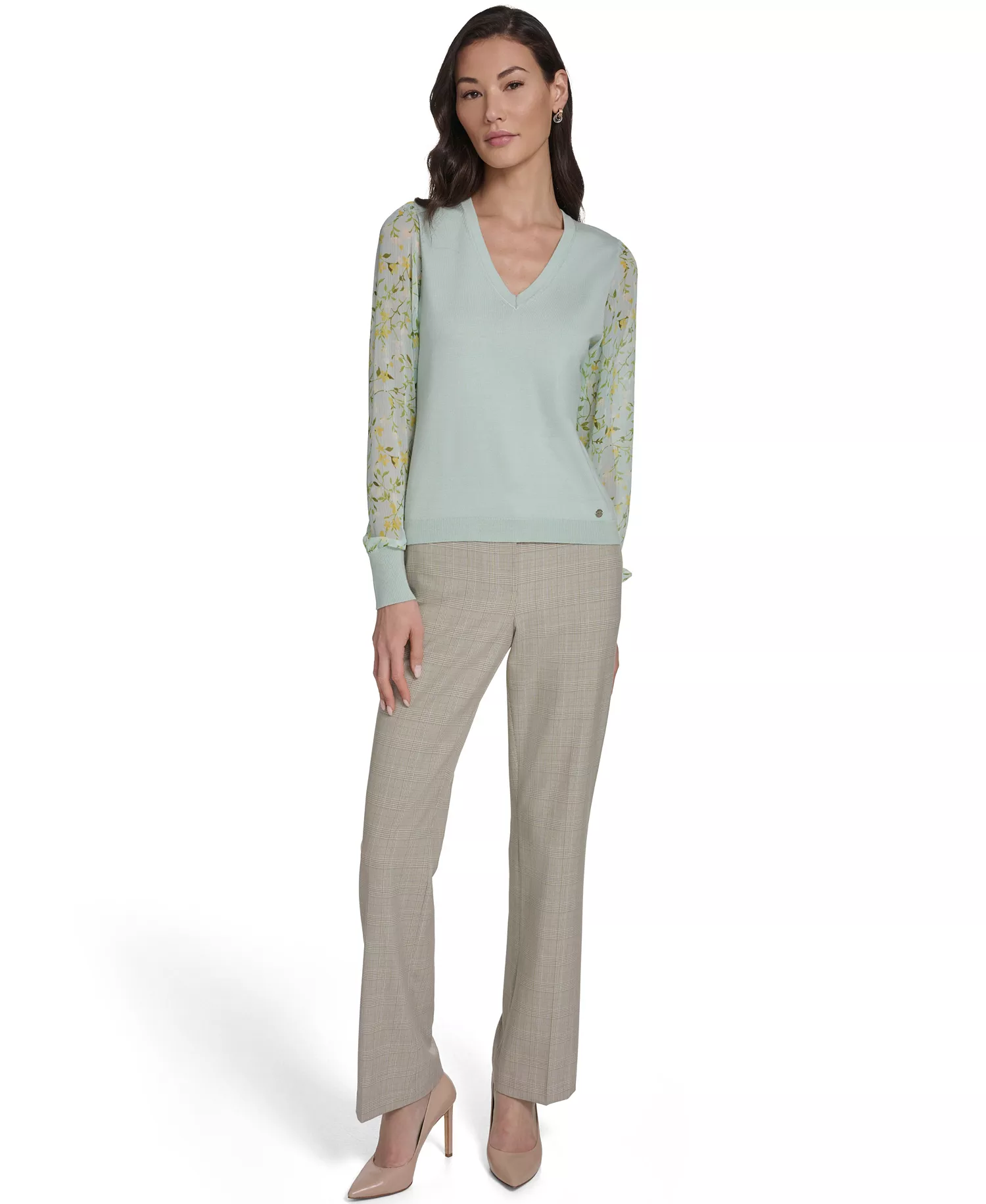 Women's Mixed Media V-Neck Sweater - Harbor Gray Multi - L