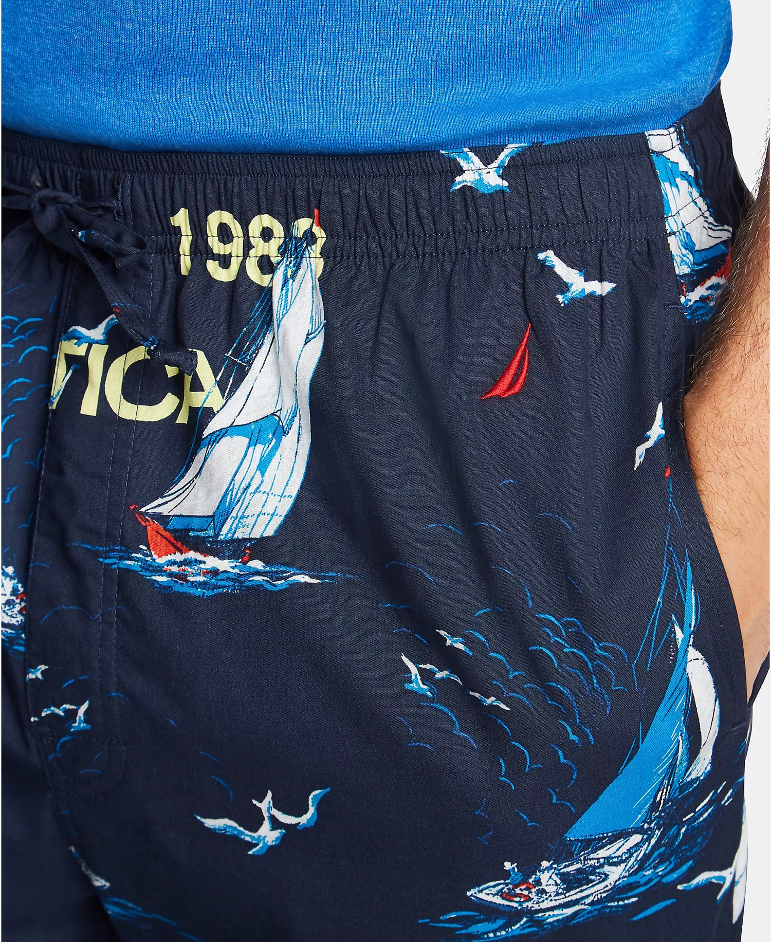 Men's Cotton Sailboat-Print Pajama Pants - Navy - L